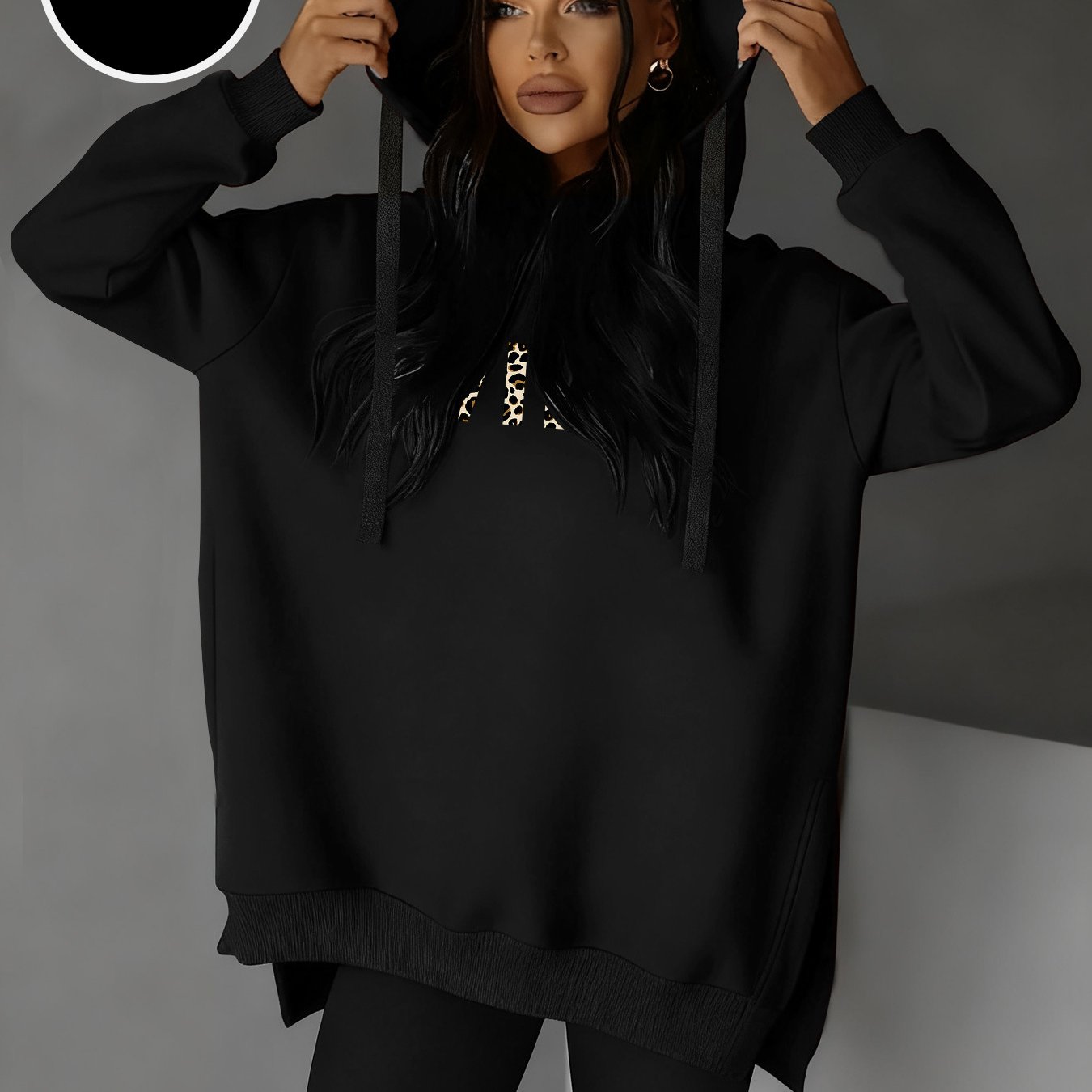 TEMU Women's Fashion Side-cut-out Hooded Drawstring Sweatshirt For Autumn And Winter, Y Hooded Sweatshirt, Casual Wear, Print |