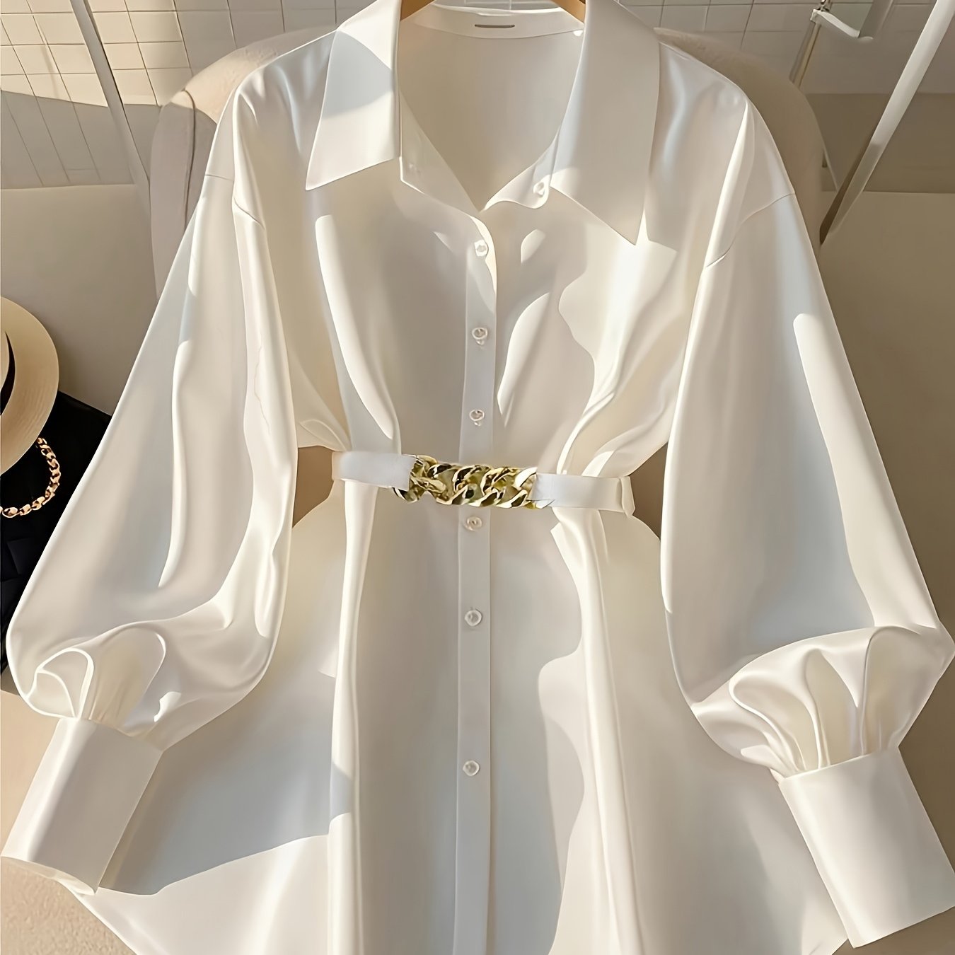 Women's Front Button Long-sleeved Metal Trim Casual Shirt