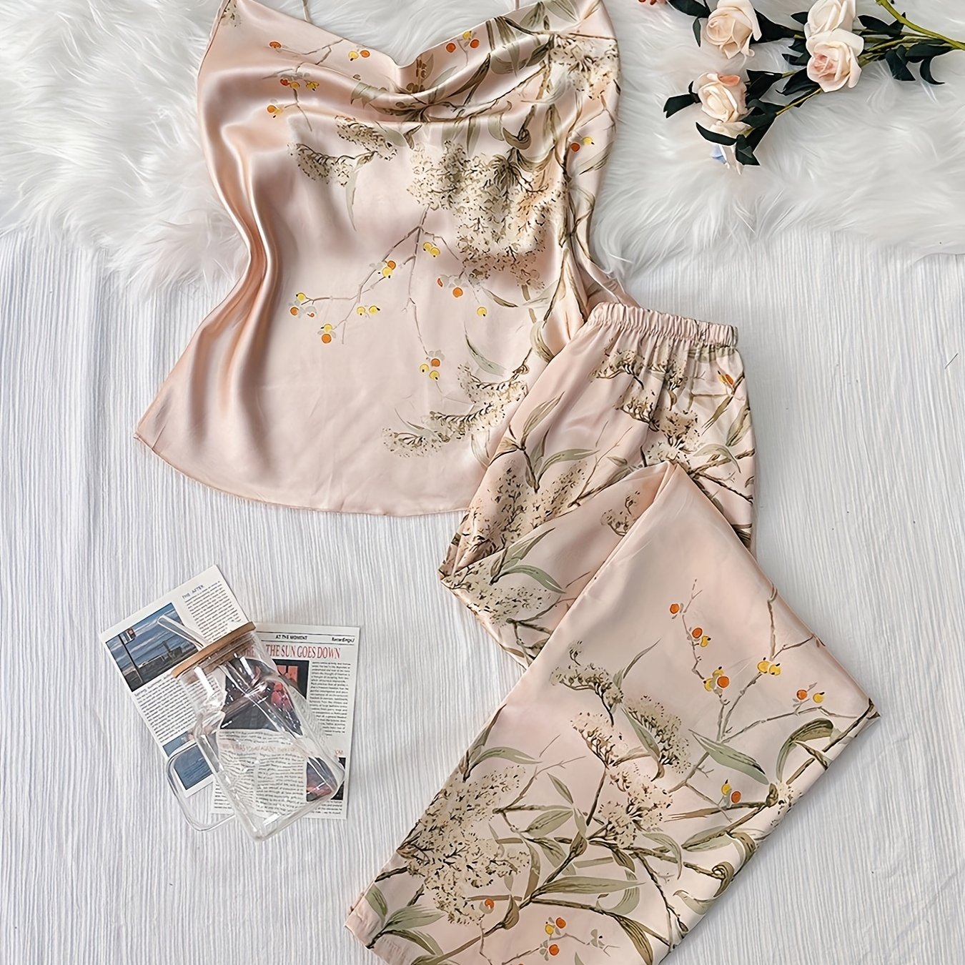 Floral Print Pajama Set Draped Collar Cami Top Elastic - Temu