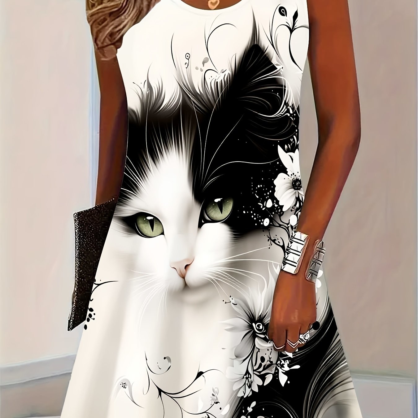 TEMU [printed Design - No Texture] Women's Sleeveless Cat Print Long Dress - Kitten Pattern Spring Summer Fall Wearable Dress, Machine Washable Round