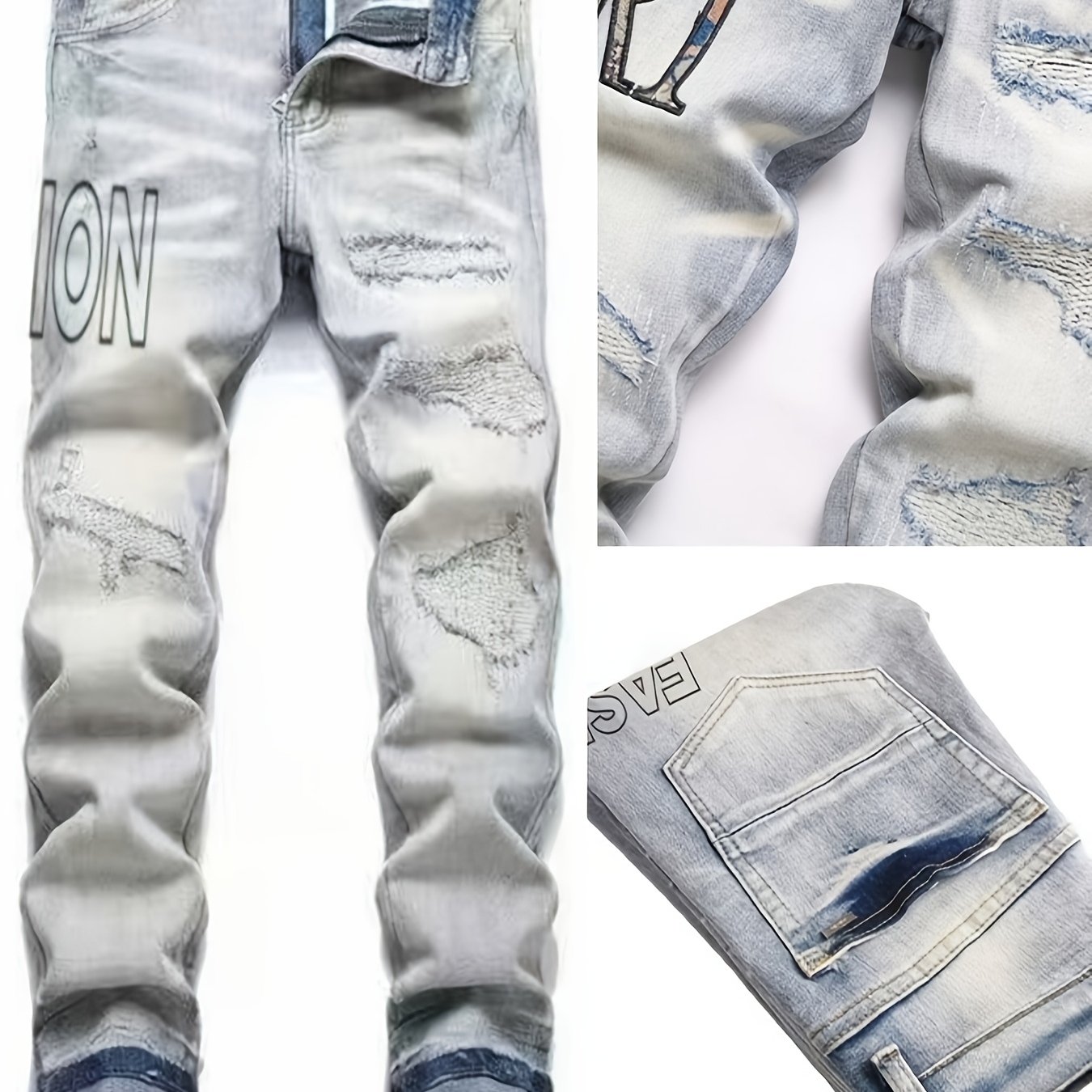 TEMU [hme]new Season Men's Slim-fit Statement Denim Pants. This Flattering And Flexible, Suitable For All Body Types. Hand-washed With Water, It