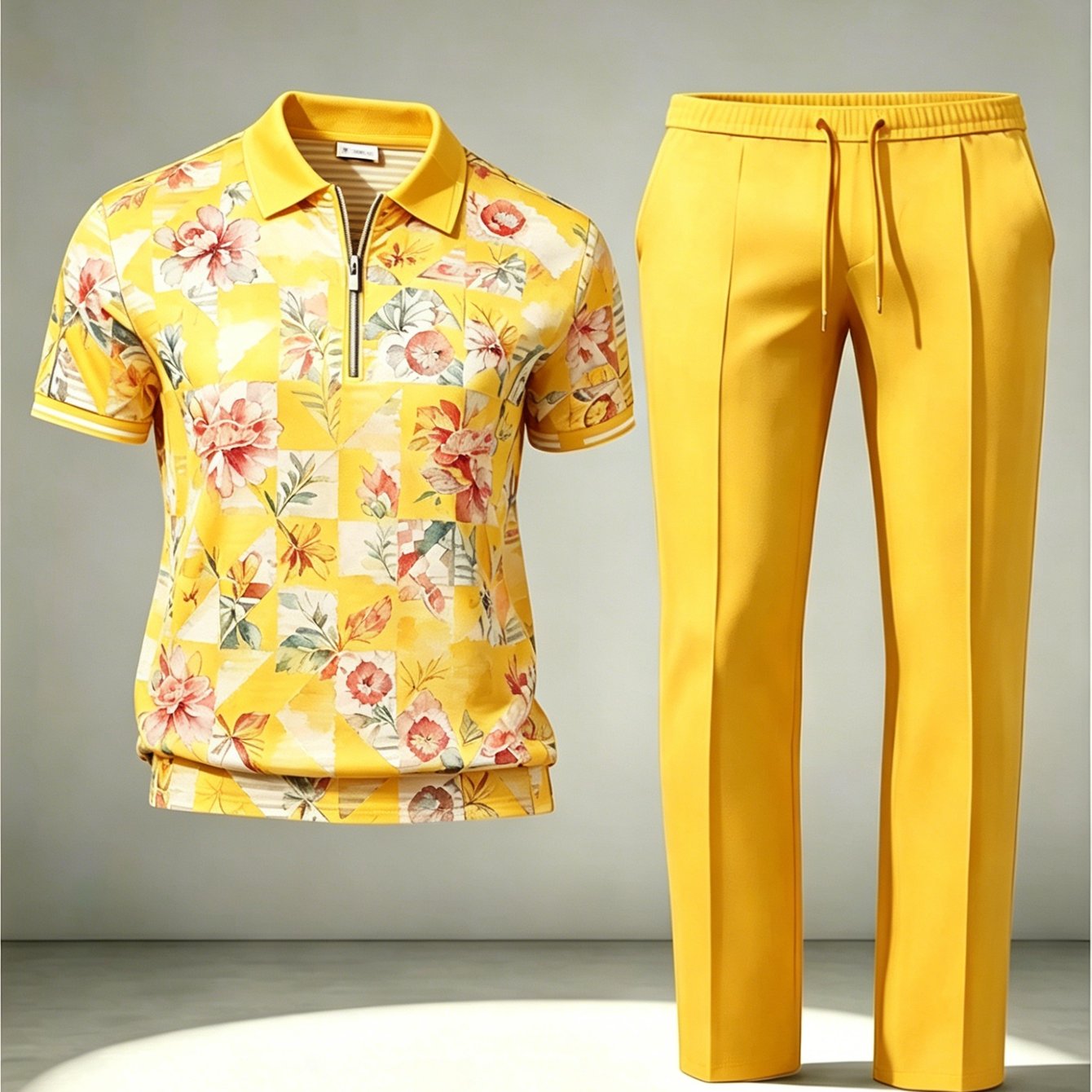 Image of Teenager Casual Floral Quarter-zip Shirt And Drawstring Pants Set 3d Polyester Yellow Floral Print Short Sleeve Shirt Regular Fit 2pcs Set Spring/summer Clothing, Perfect For Outdoor, For Teenager