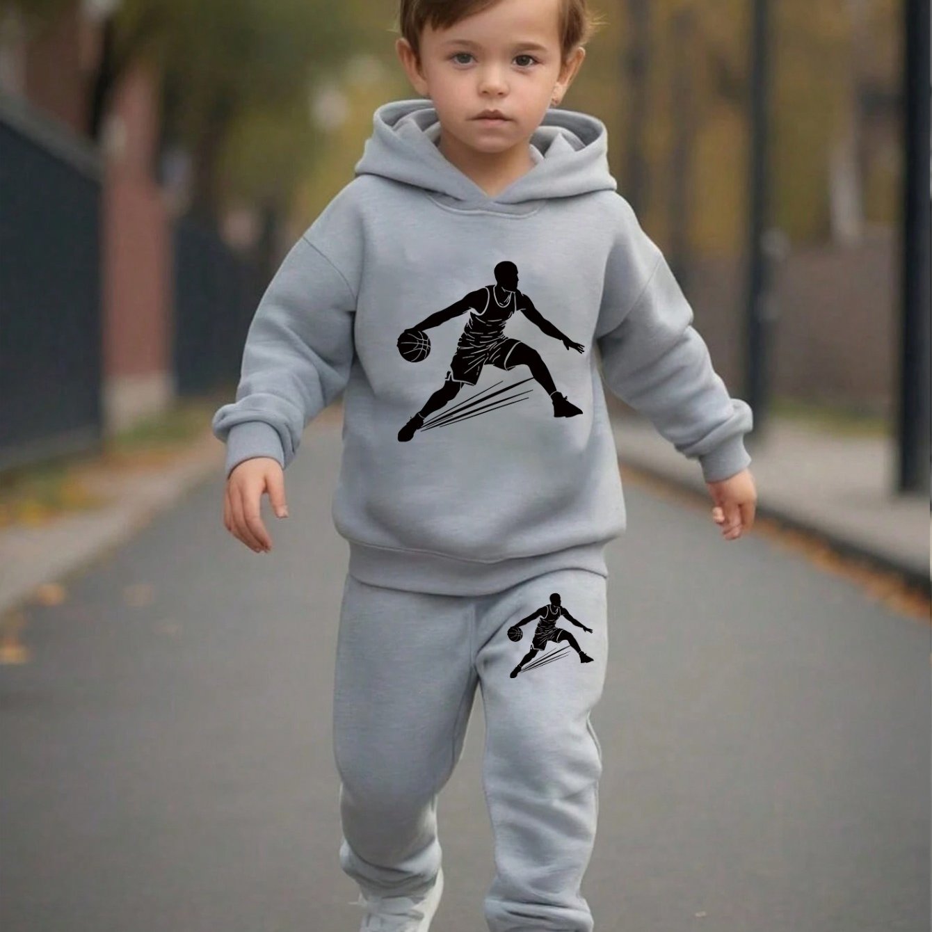 Image of 2pcs Boys' Basketball Human Print Long Sleeve Hoodie And Pants Set, Fashionable Cool And , Perfect For Autumn And Winter, Best Gift, For Outdoor