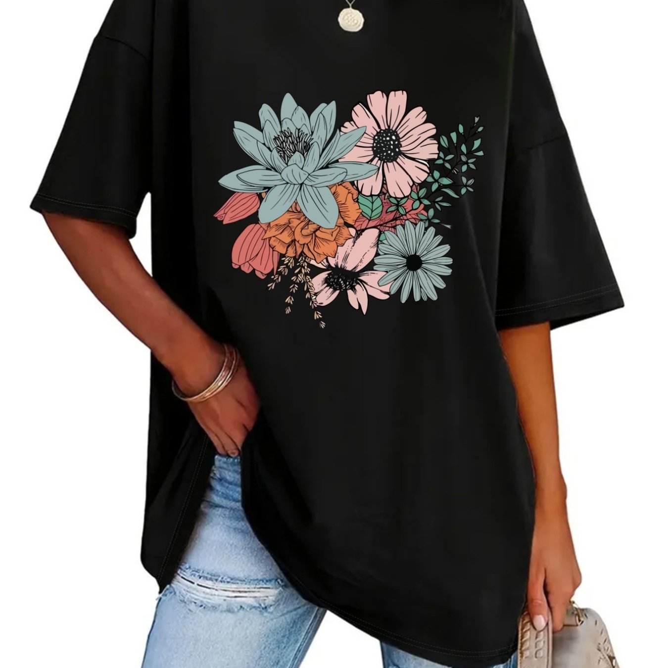 TEMU Plus Size - Plus Size - Pattern Print Fashion Round Neck T-shirt Plus Size