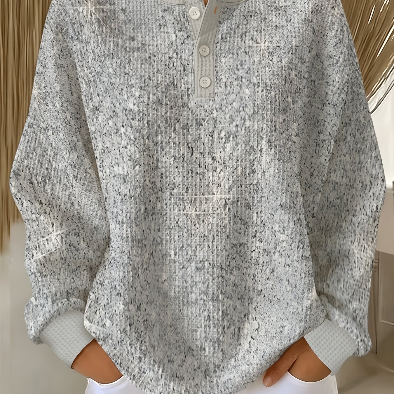 TEMU Printe Design – Pas de Texture : Nouveau haut d'automne pour femme, à étoilés et de neige multicolores, texture marbrée gaufrée, col Henry,
