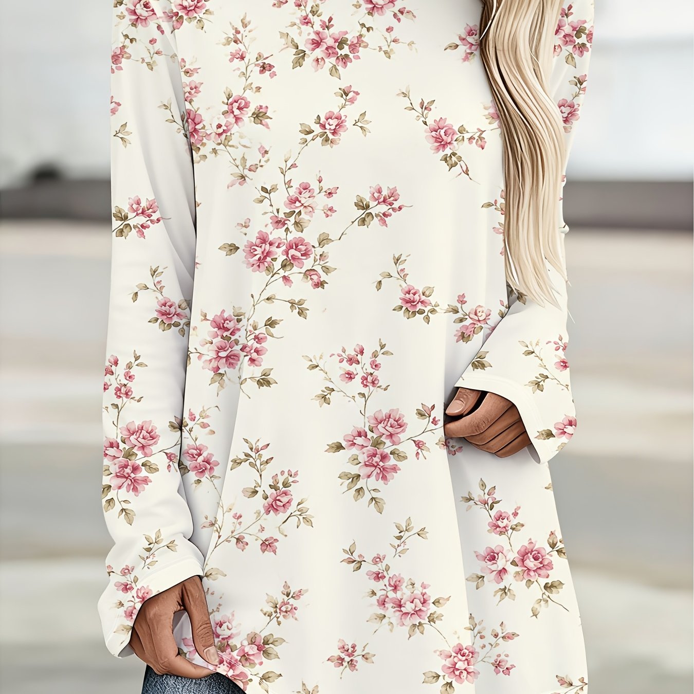 TEMU Plus Size - Plus Size - Women's Print Long Sleeve T-shirt - Round Neck Loose Top, Layering Casual Wear, Full Floral Pattern, Suitable For Work
