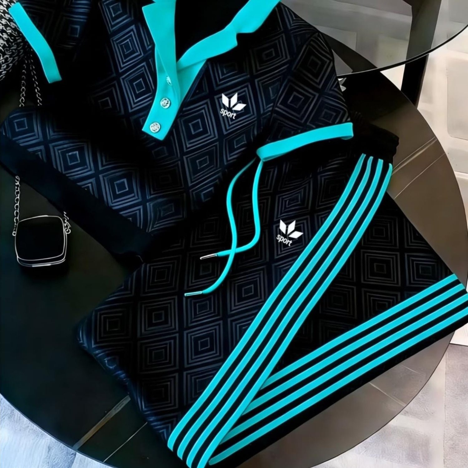Image of Teenager's Teenager Casual Sports Suit, Featuring A Collar, Trendy Geometric Diamond Pattern, Accents, And Three-, Perfect For Teenager Teenager, For Outdoor, For Teenager