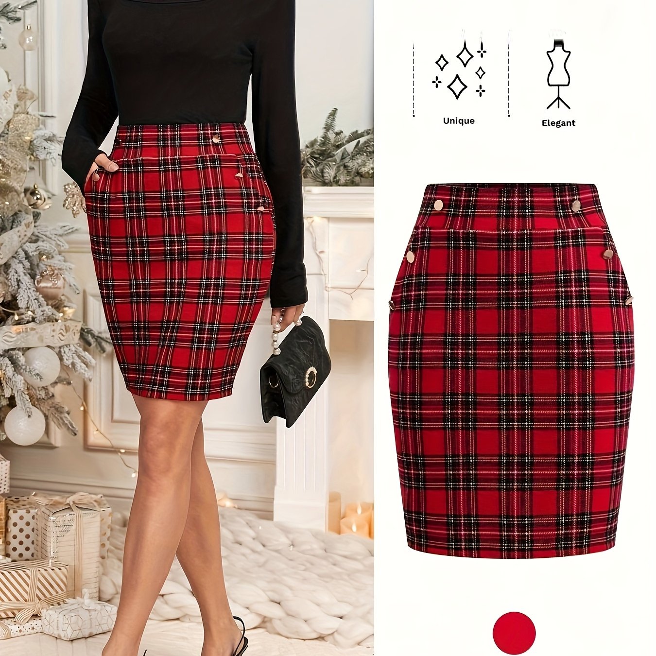 TEMU Women's Stretch Plaid Print Slim-fit Elegant Skirt For Daily And Holiday Wear, Spring Summer Autumn Women's Clothing, Christmas Red Plaid Skirt,