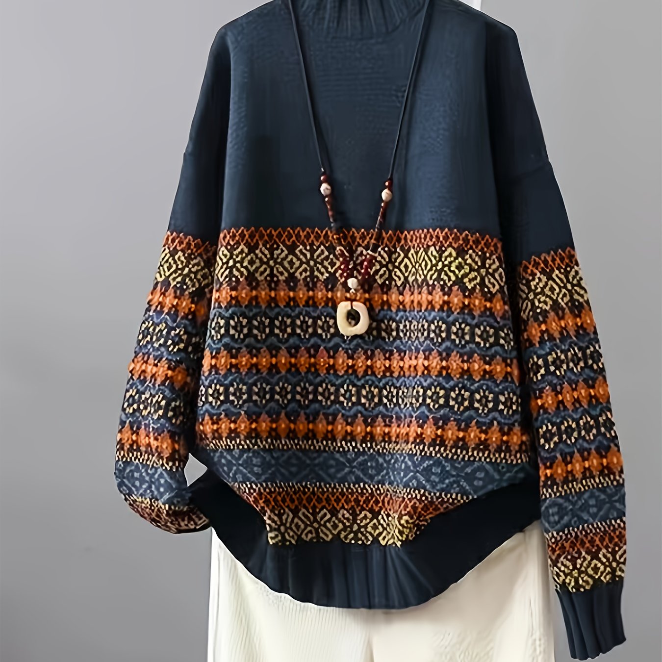 TEMU Newly Retro Jacquard Elegant Loose Semi-high Collar Pullover Sweater