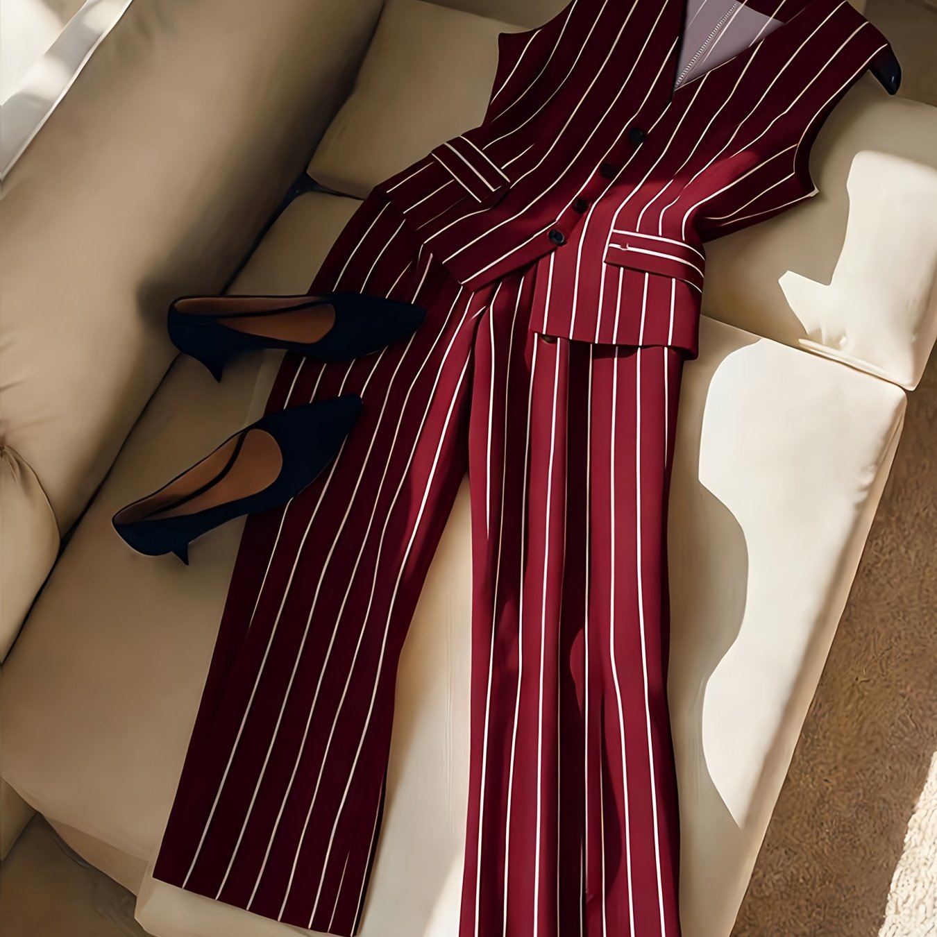 TEMU Elegant Fashion Summer Women's Sleeveless Striped Temperament Blouse Tapered Waist Suit Trousers Leg-lengthening Set Two-piece Set Ll425