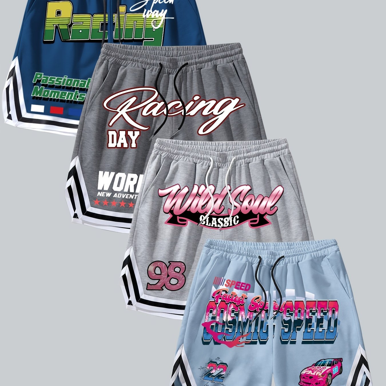 TEMU Men's Racing Print Basketball Shorts, Street Style Screen Print Athletic Shorts, Featuring Retro Speed Patterns, Casual Streetwear, Suitable For