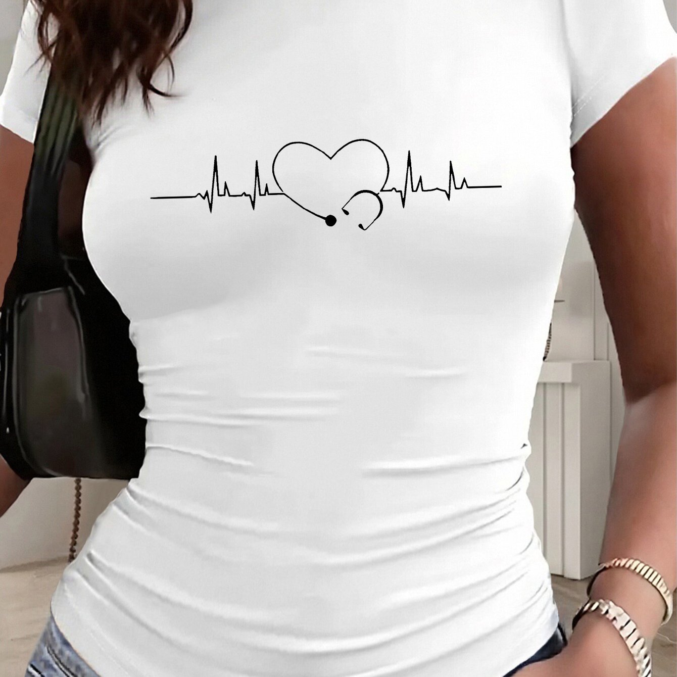 TEMU T-shirt à manches courtes et col rond pour femme, style Y2K, imprimé cœur EEG, coupe ajustée, petite taille, détail de taille , couleur unie,