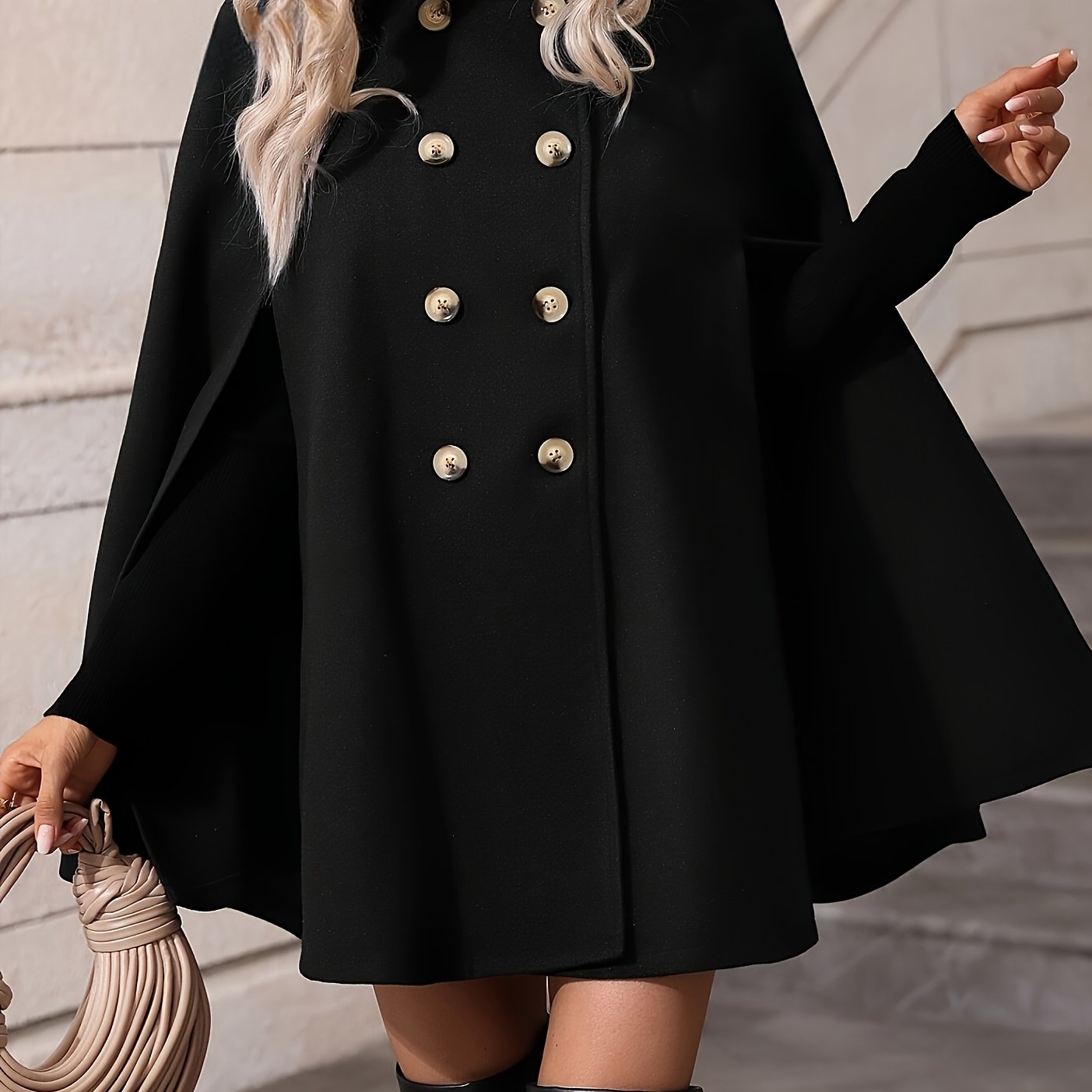 TEMU Elegante Speciale, Dubbelbust Cape Mouw Mantel Mode Jas, Dames Herfst Winter Kleding