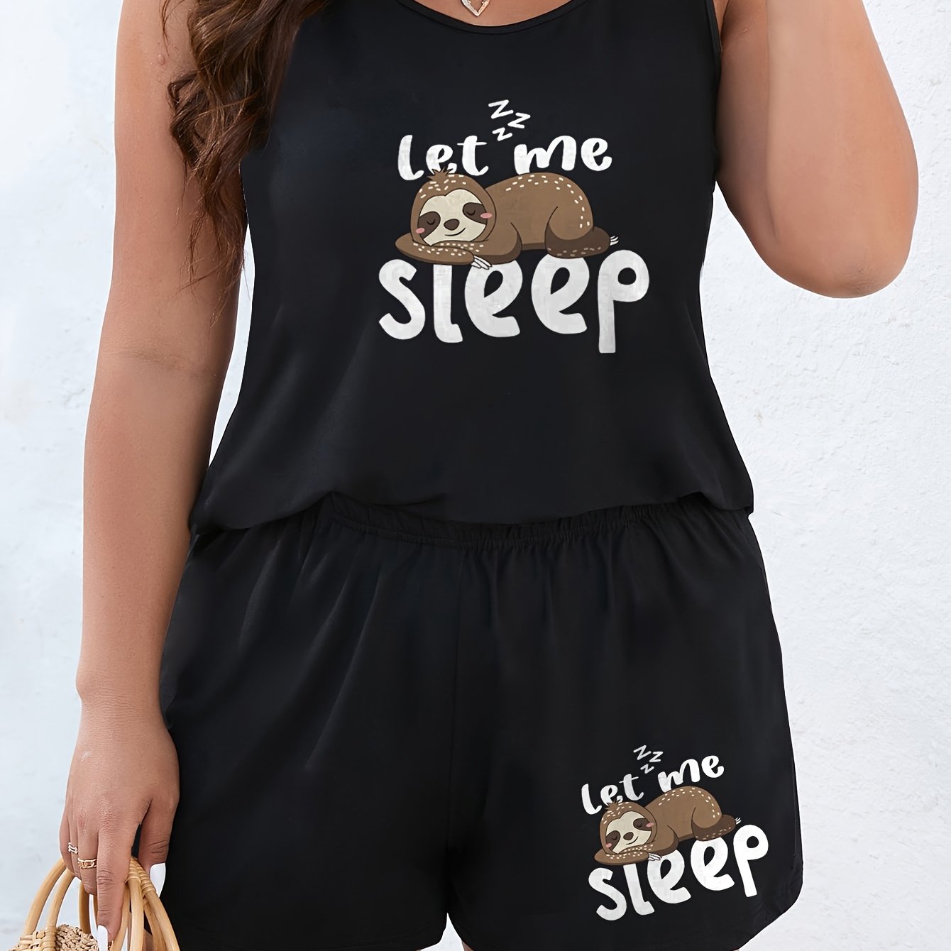 Image of Plus Size Women's Fashion Casual Comfortable Outing Pajama Set Me Sleep Cartoon Sloth Print Round Neck Vest And Shorts 2pcs Set Plus Size Pajamas