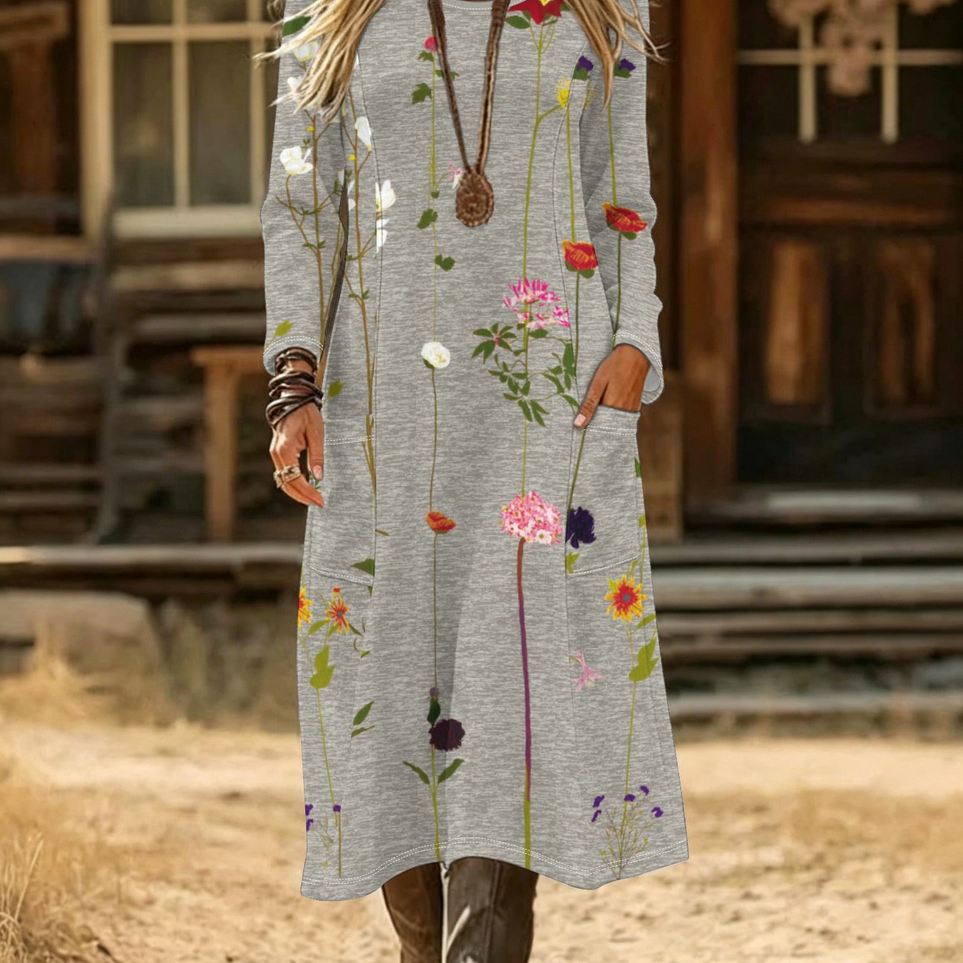 TEMU 2026 Women's Elegant Casual Printed Crew Neck Long Sleeve Pocket Dress