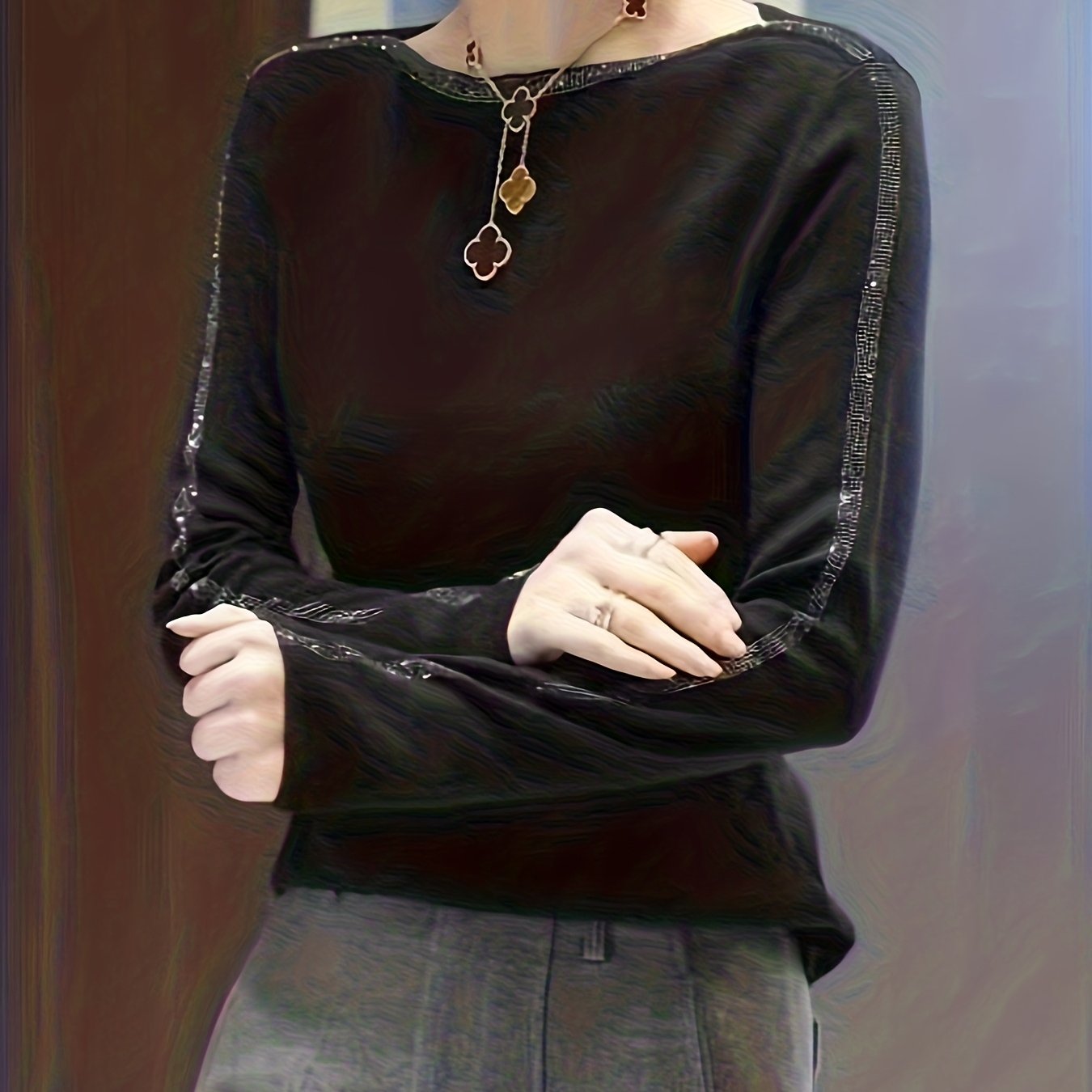 TEMU High-end Hot Drilling Collar Pullover Shirt Women's Spring And Autumn New Elegant Fashion Slim Base Shirt