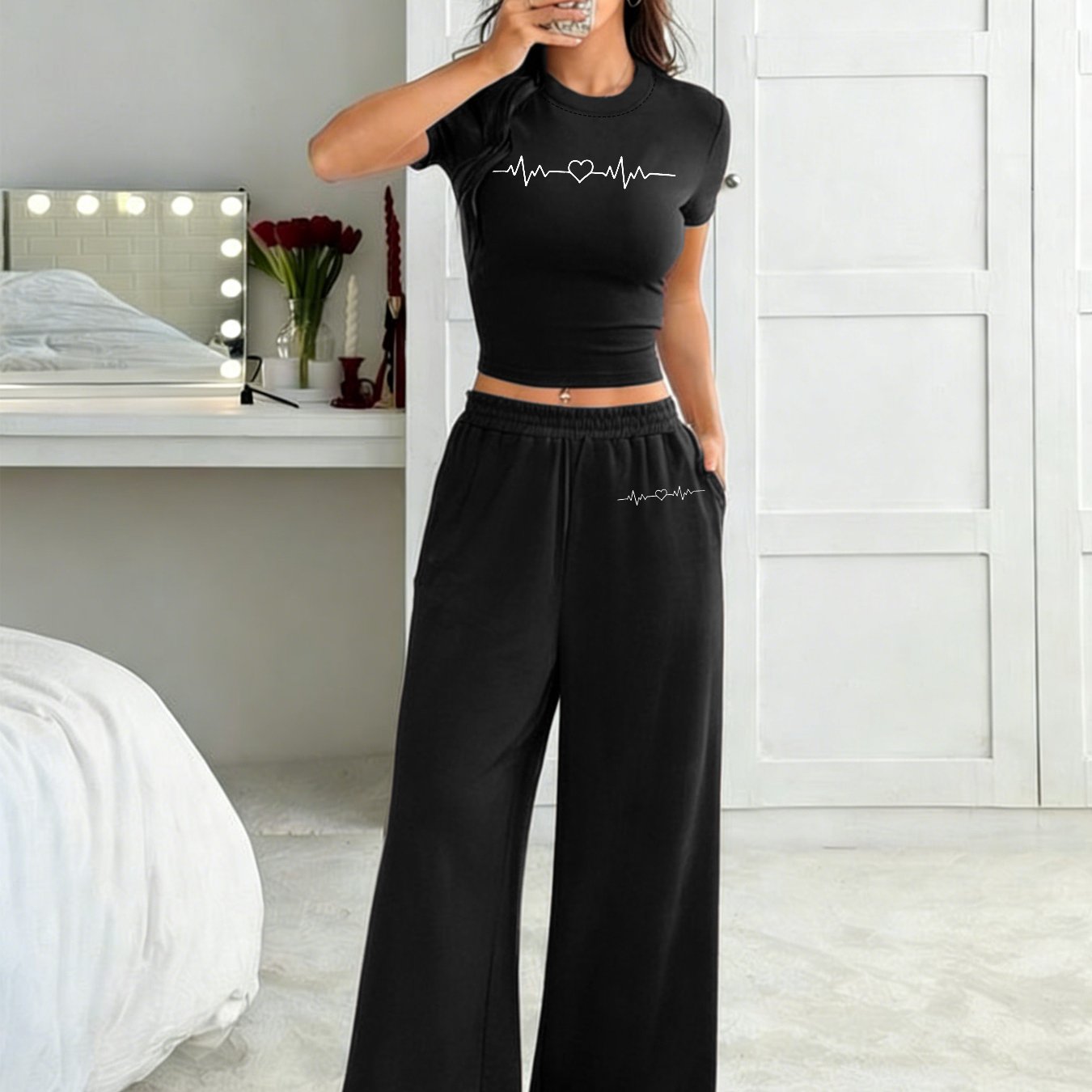TEMU Patterned Printed 2pcs Set, Featuring A Short-sleeved T-shirt And Wide-leg Loose Pants. Women' S Clothing.
