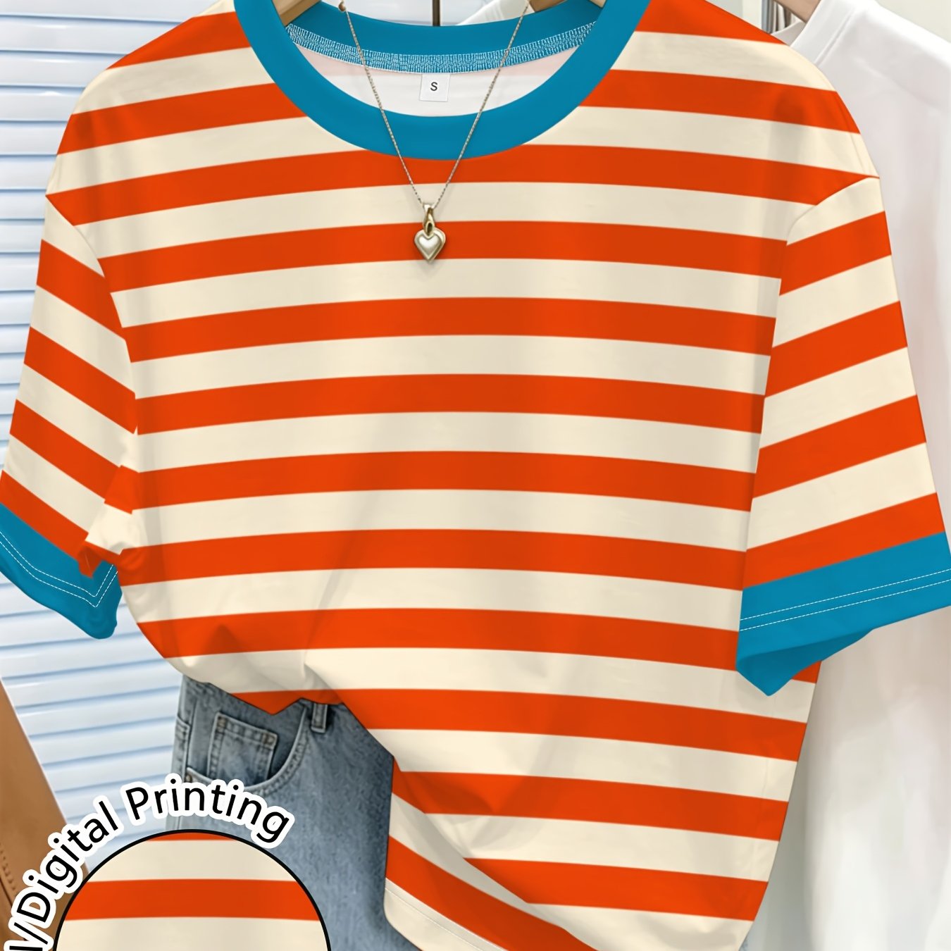 TEMU Women's Striped Printed Crew Neck Short Sleeve T-shirt, Casual Comfortable Versatile