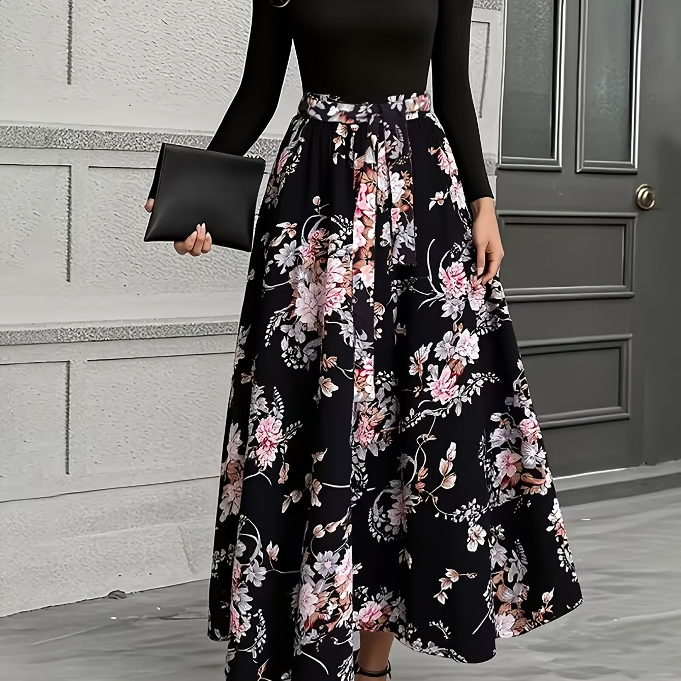 E-shop Damen Herbst/Winter Neues Leichtes Luxus-Oberteil mit Blumen-Patchwork Langkleid