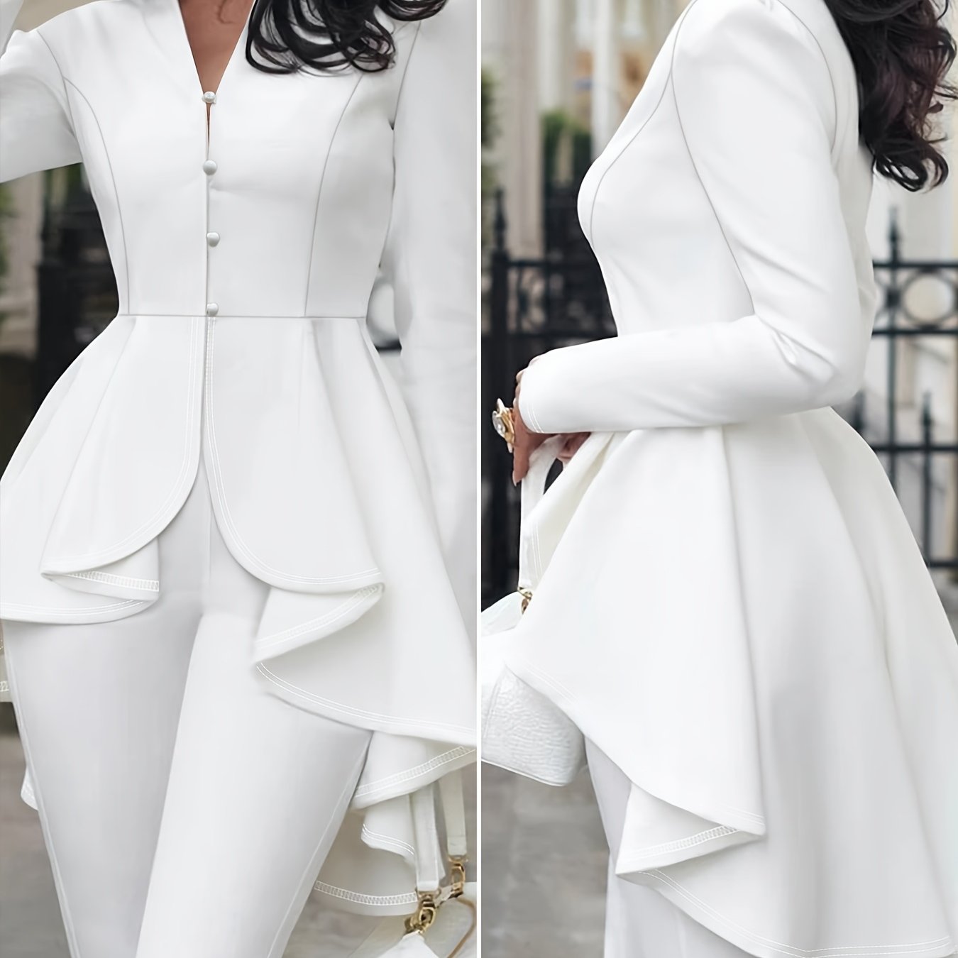 Plus Size, Plus-size Women's Top, Elegant Commuting White Short-front Long-back Coat, Asymmetrical Hem Pleated Button-up Top, Alone Or As An Outerwear, Fashionable And Versatile Women's Clothing