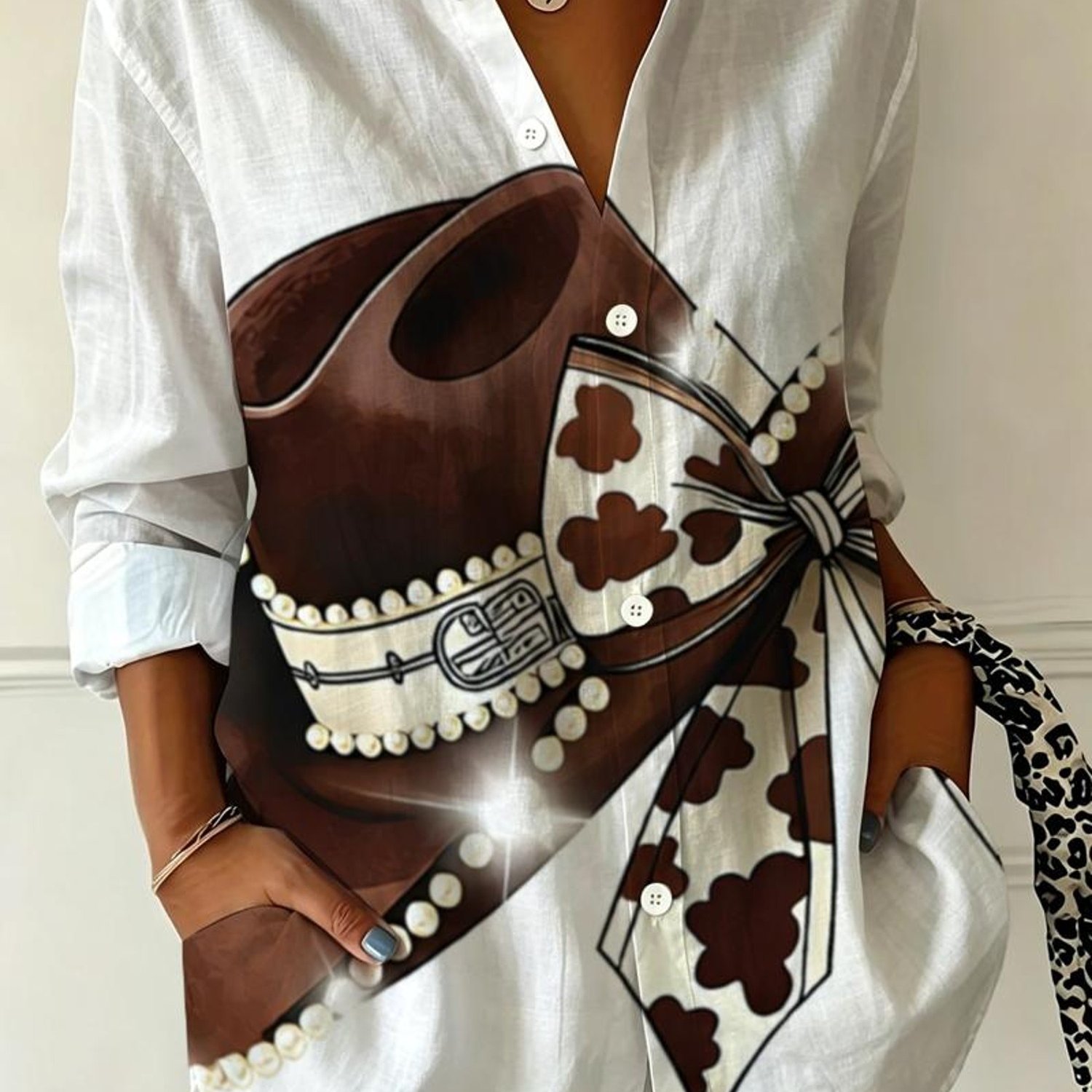 TEMU Women's Stylish Long-sleeve Shirt, Vintage Cow And Combination Print, And Unique Lines, A Cool And Trendy For Multi-scene Outfits