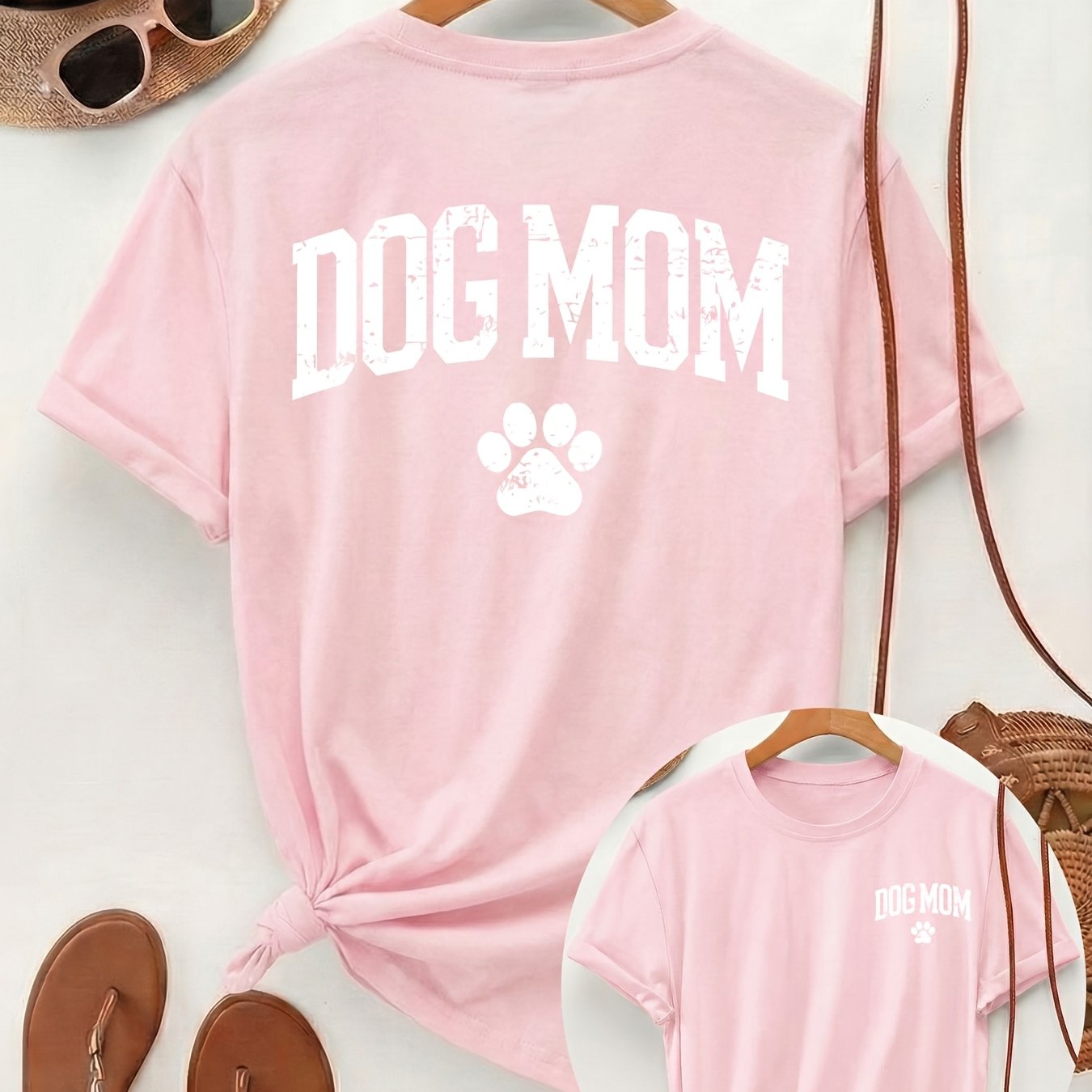 TEMU White "dog Mom" Print With Paw Print Pattern On Front And Back, Short-sleeve Crew-neck Casual Top, Suitable For Women's Spring And Summer Wear
