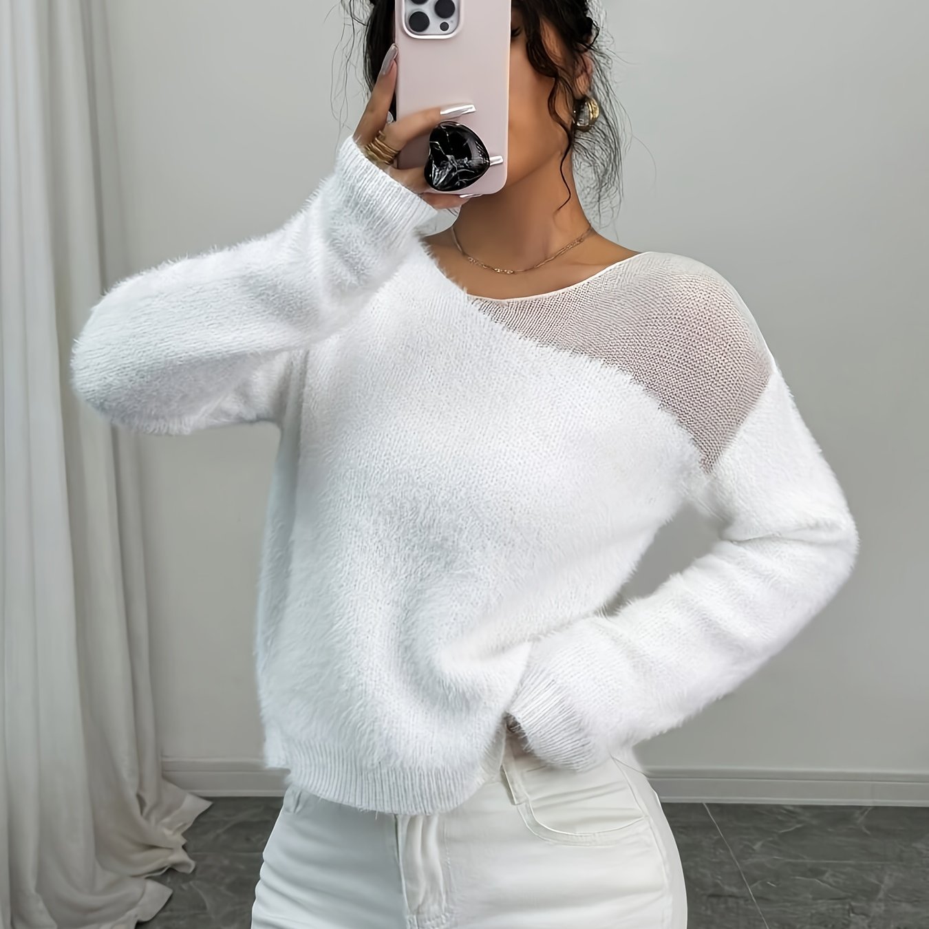 TEMU Дамски елегантен пуловер с дълъг ръкав - мек, еластичен пуловер, свободна кройка, кръгло деколте, подходящ за ежедневно и официално облекло -