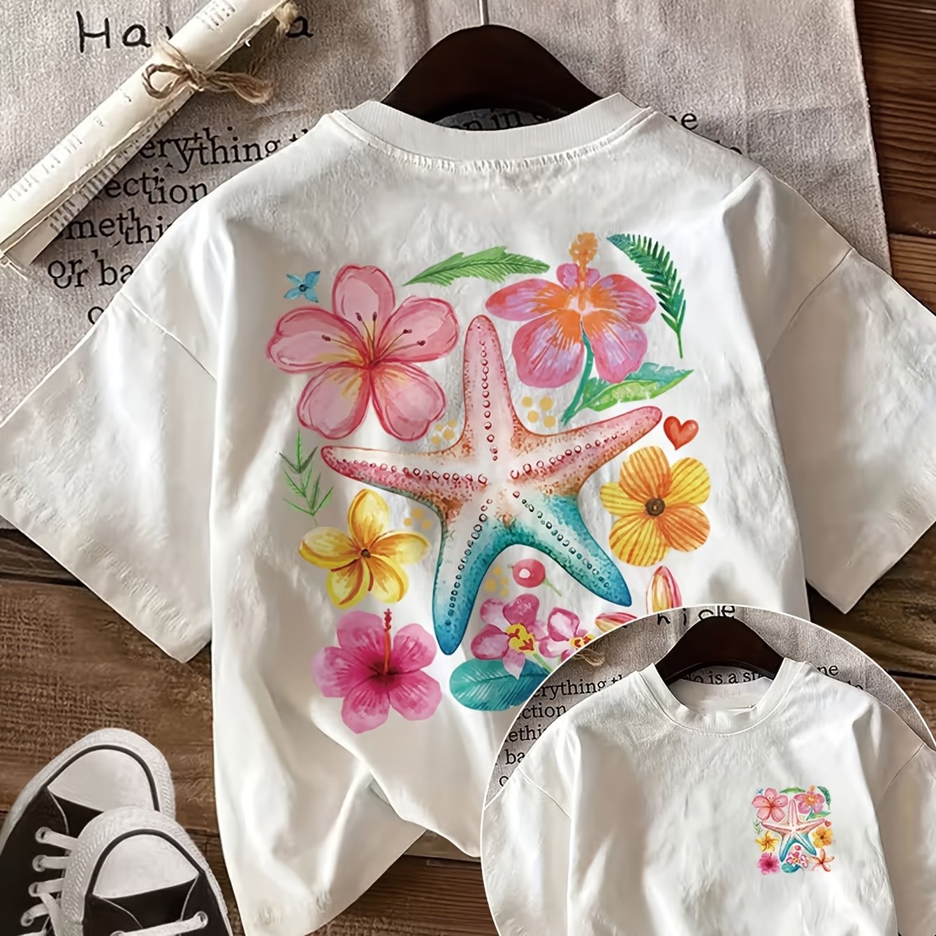TEMU Summer Casual Women's Top Featuring A Double-sided Watercolor Print Design With Starfish, Flowers, And Leaves. Round Neck Short-sleeve T-shirt