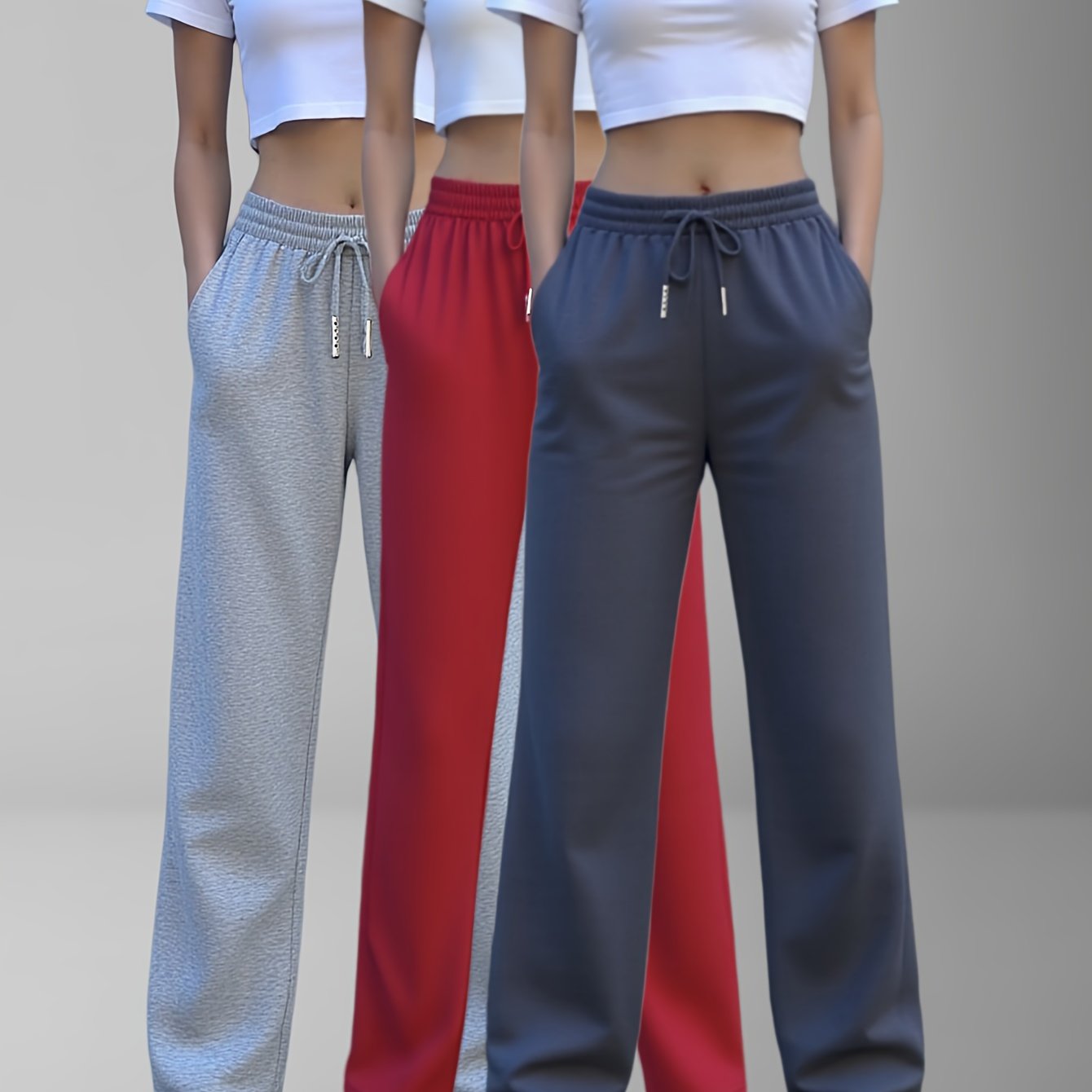 Artikelbild set mit 3 lässigen, langen hosen für damen,   für frühling, sommer und herbst zum joggen und ballspielen, mit doppelten   und kordelzug in unifarben