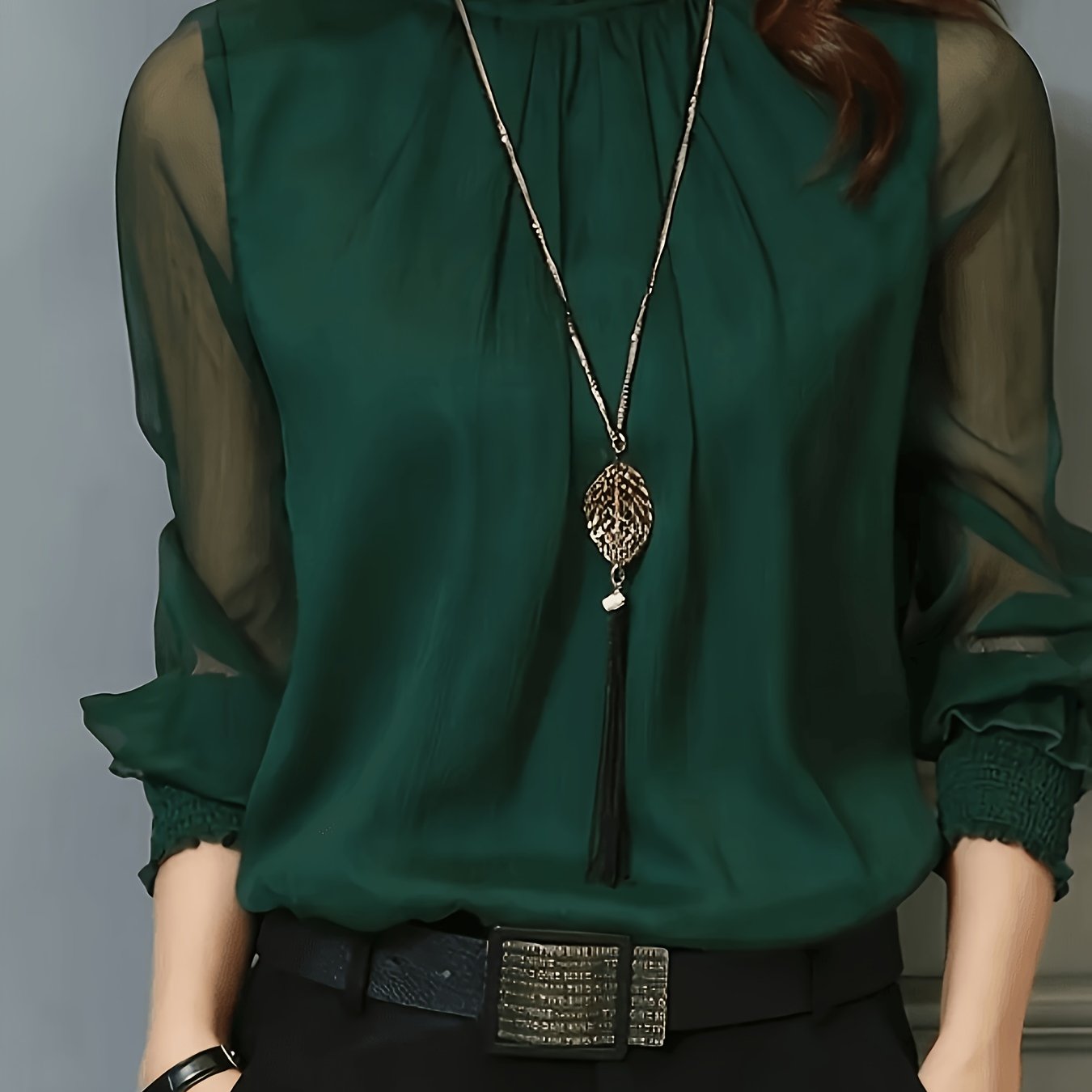 TEMU Women's Elegant Office And Casual Shirt - Stand Collar Long Sleeve Non-sheer Professional Top, Machine Washable Formal [q305]
