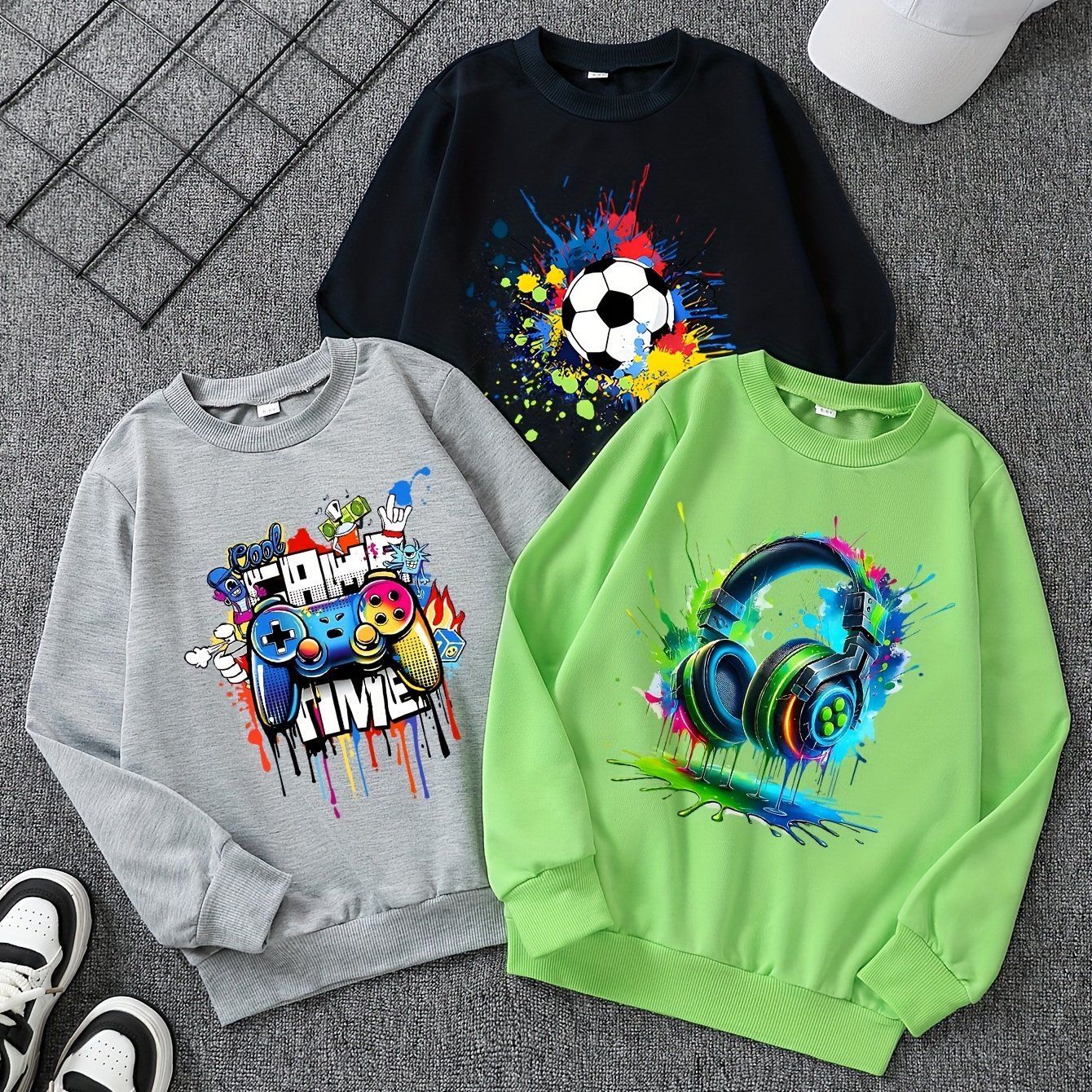 Three-pack Boys' Spring/autumn Long Sleeve Round Neck Sweatshirt With " Football, Game Elements, Headphones" Print