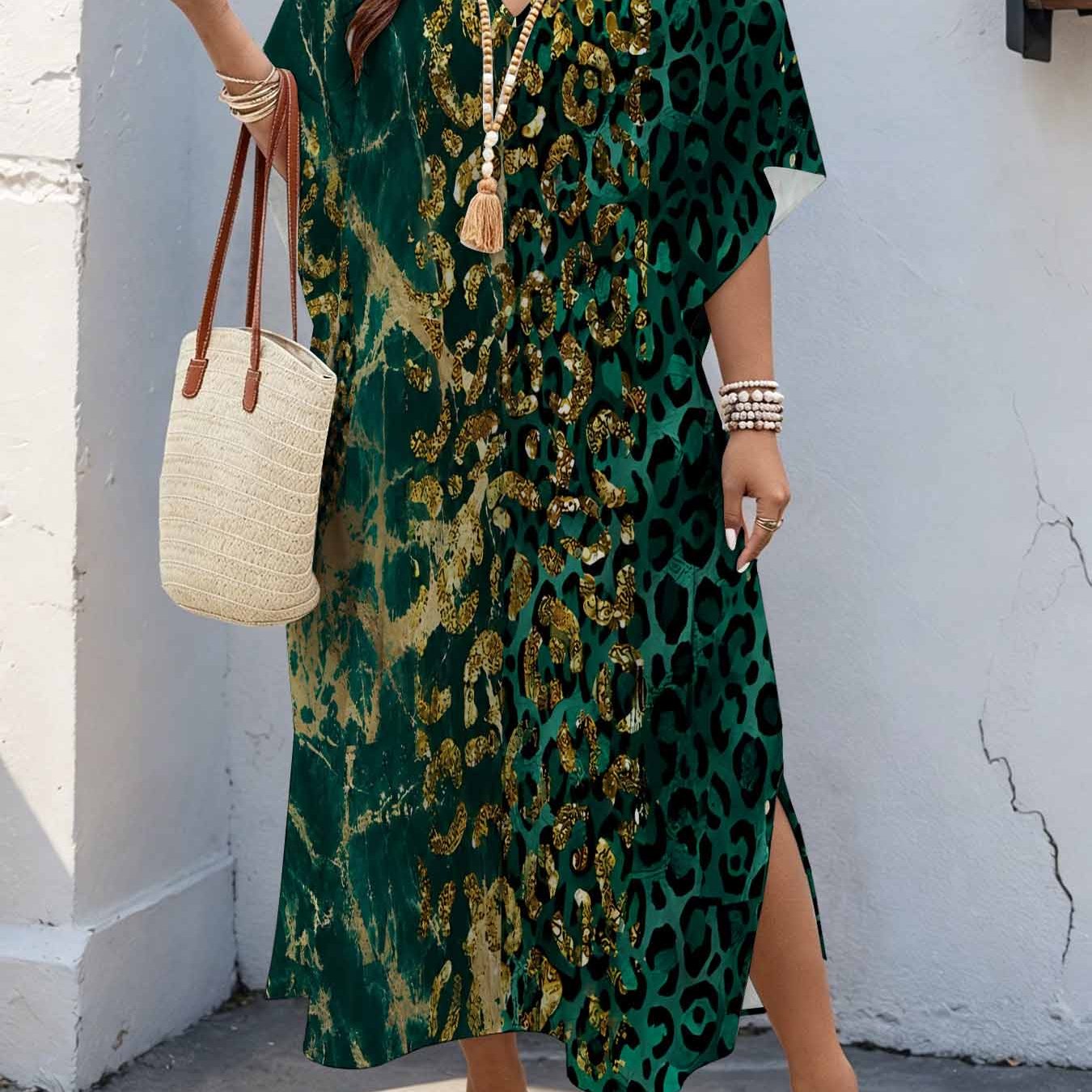 Image of Plus Size Women's 08xl Luxury Style, Marble Leopard Print Maxi Dress, V-neck Batwing Sleeve Dress With Double Side Slits, Loose Casual Summer Dress For Curvy Women
