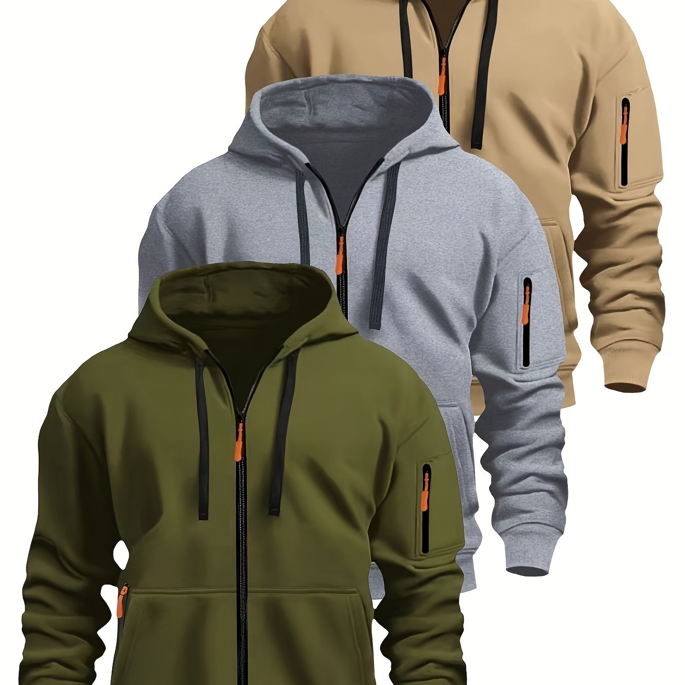 TEMU 3pcs Men's Hooded Zip-up Fleece Jacket Outfit, Suitable For Outdoor Sports And Casual Wear, Preppy Style Open Cardigan