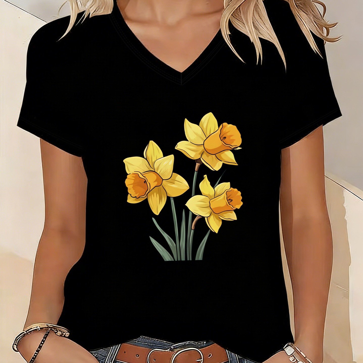 TEMU 15# Elegant, Comfortable, Breathable V-neck Short-sleeved Casual Versatile T-shirt Top Women's Clothing Summer Essential Travel Dating Gift