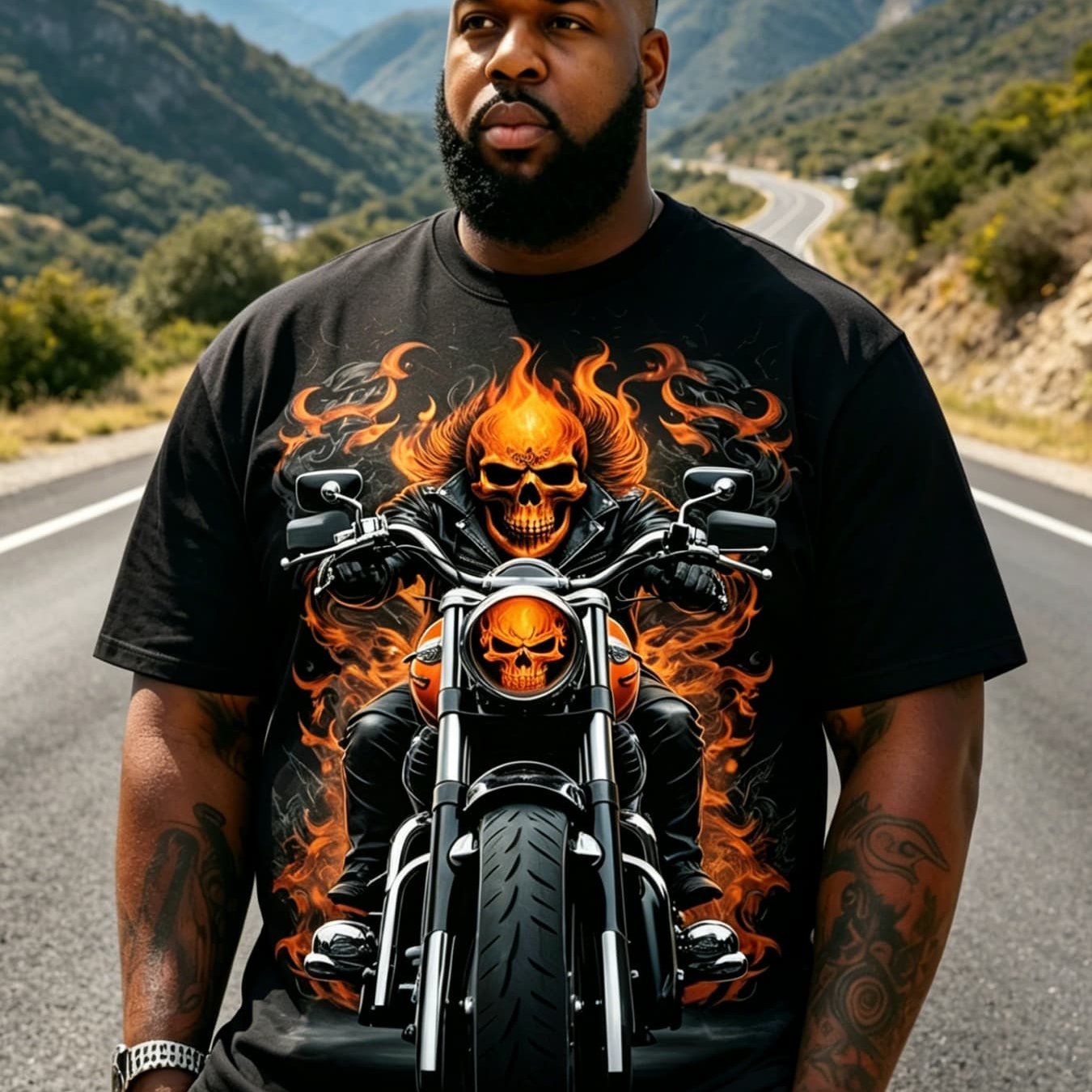 TEMU T-shirt Plus Size Men's Flame Biker Skull Print T-shirt Style Casual Short Sleeve, Riding Top Summer Clothing