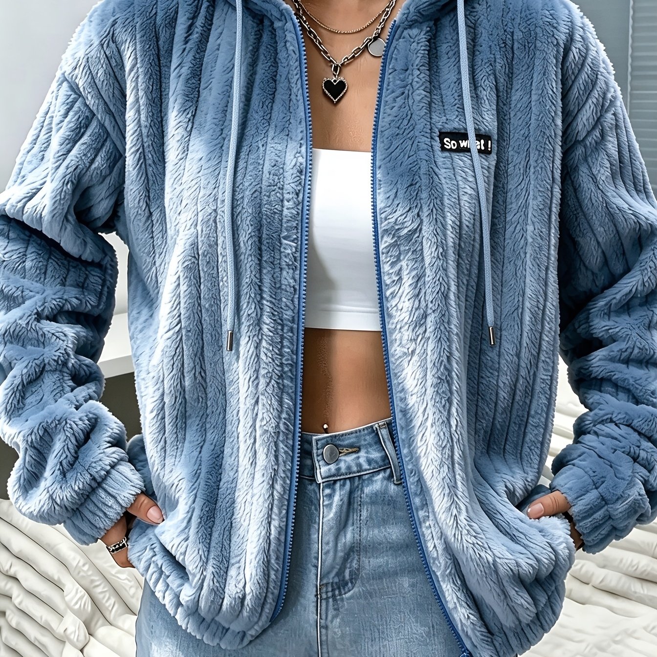 TEMU Cross-Border Lässige Plüsch Jacke mit Reißverschluss Kapuzenmantel Damen Kapuzenpullover Bzra
