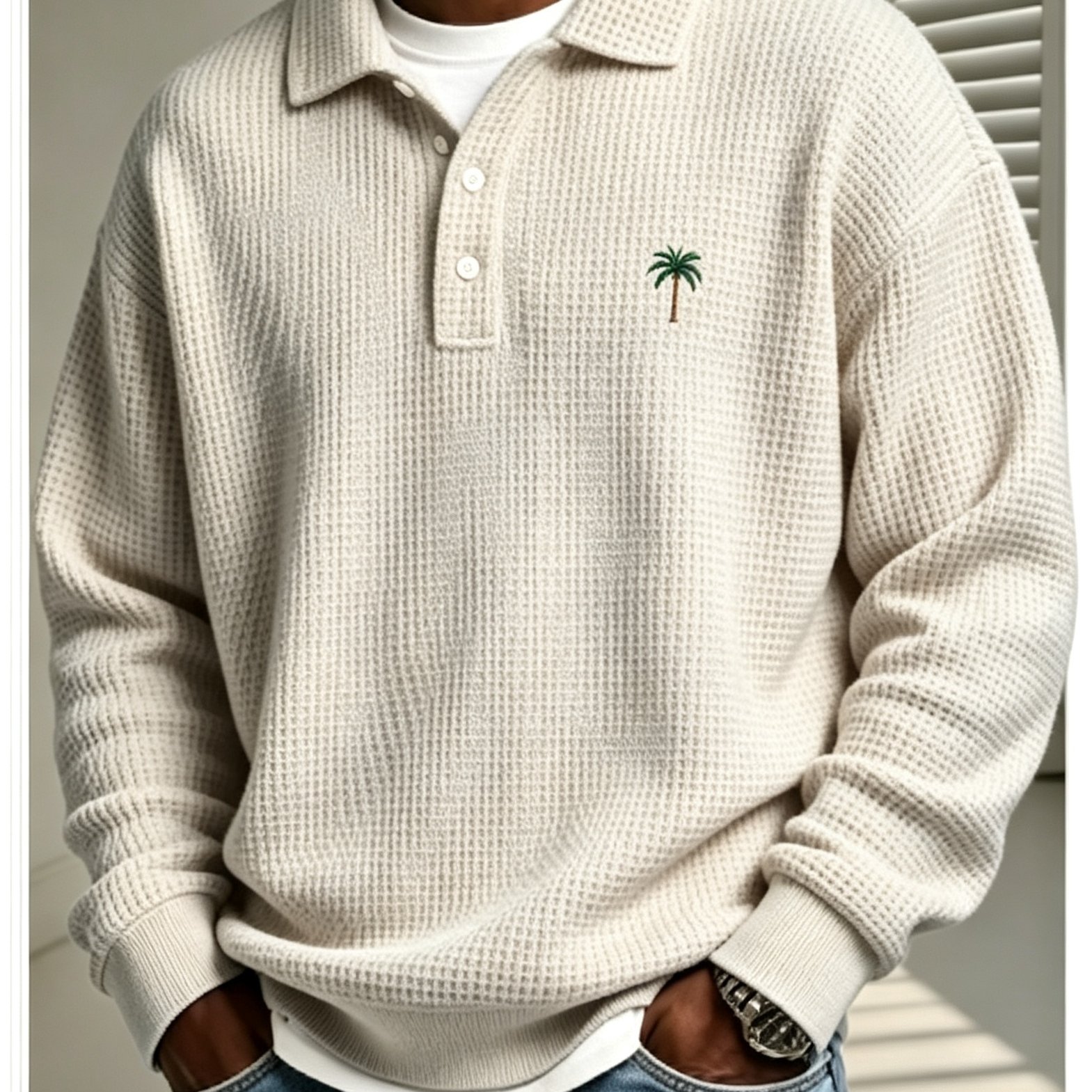 Image of New Arrival Men Standard Size Long Sleeve Waffle Sweatshirt With Palm Tree Embellishment Comfortable Cool Autumn Apparel For Outdoor Street Vacation Matching Stylish Designed Loose Casual