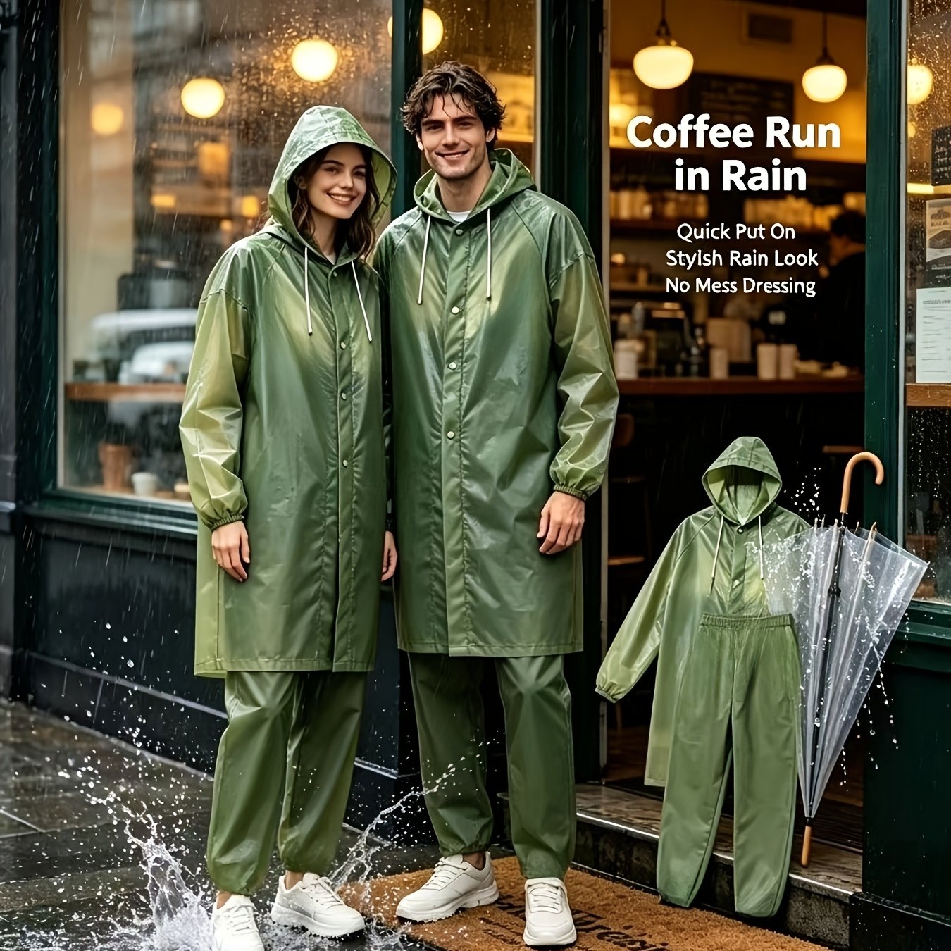 TEMU Conjunto de impermeable unisex para adulto de calidad en color verde, que un impermeable con capucha larga y un par de pantalones de lluvia. de