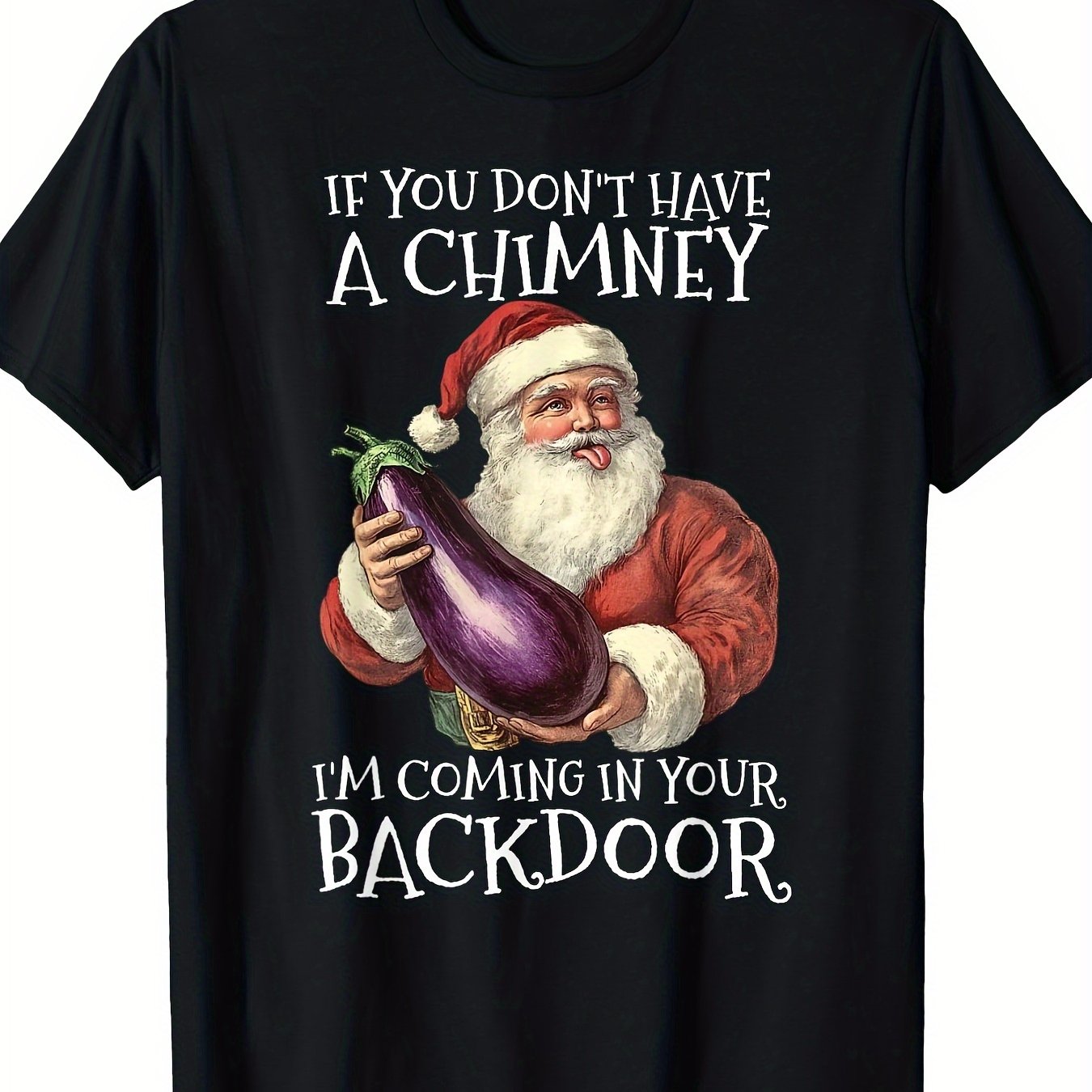 TEMU Men's Funny & Eggplant Christmas T-shirt - 200gsm Heavyweight 100%, Rude "i'm Your " Saying & Santa Holding Eggplant Design, Loose Fit Short