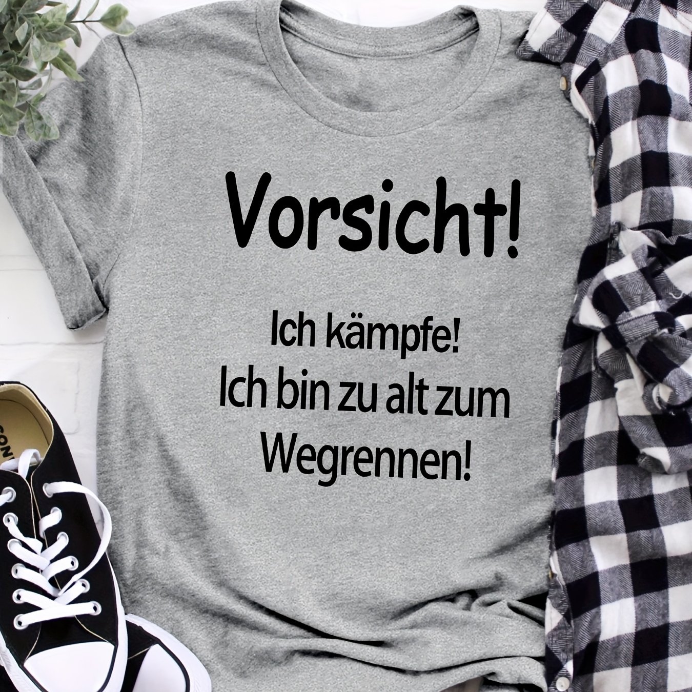 E-shop Damen-Deutsche-Zitat-T-Shirt - "Vorsicht!" Lustiges Druck, Kurzarm-Rundhalsausschnitt-Casual-Top für Frühling & Sommer, Weiß mit schwarzer