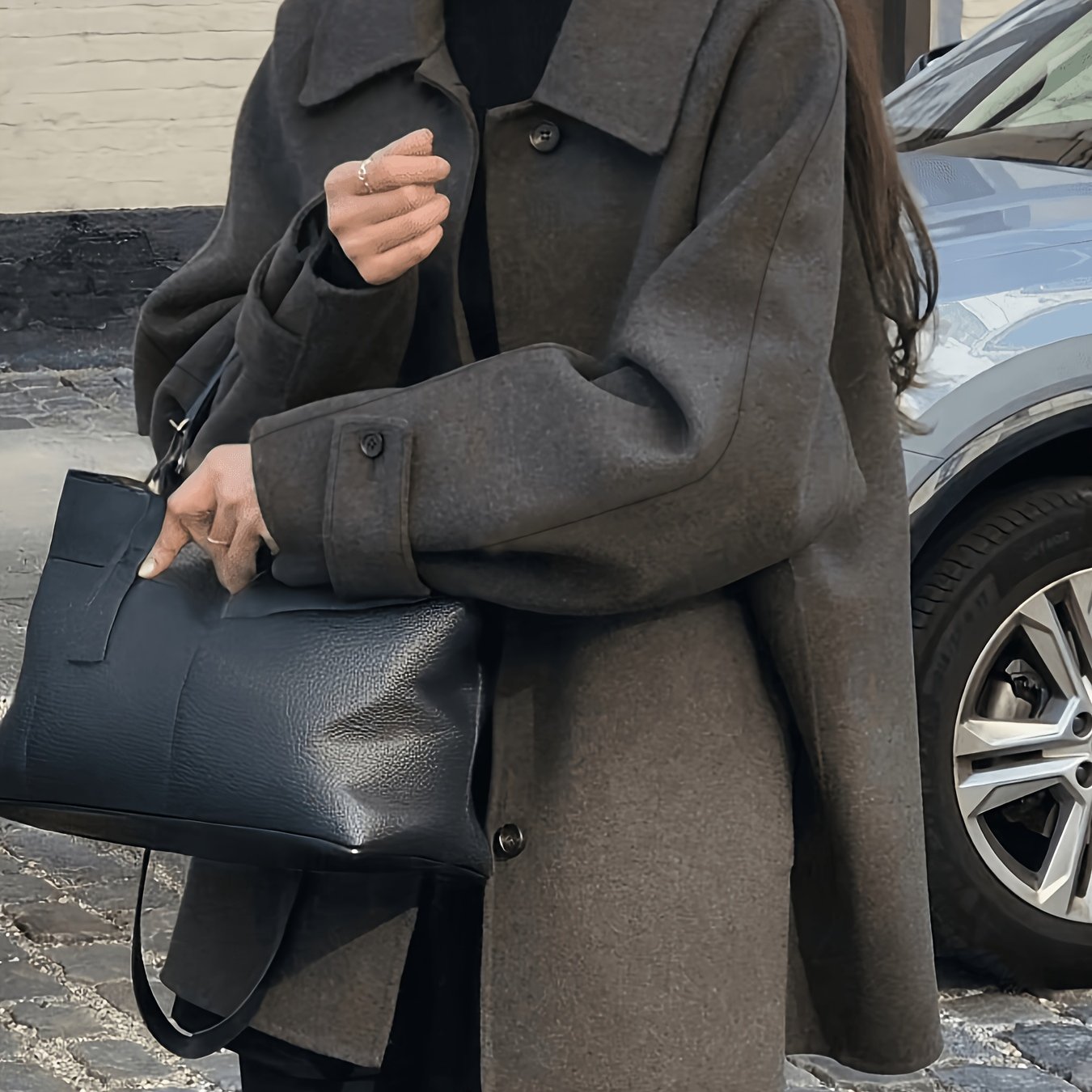 TEMU Women's Lapel Loose Silhouette With Pockets Mid-length Coat, Korean Style Single-breasted Jacket, Autumn Winter Casual Outerwear, Bzra
