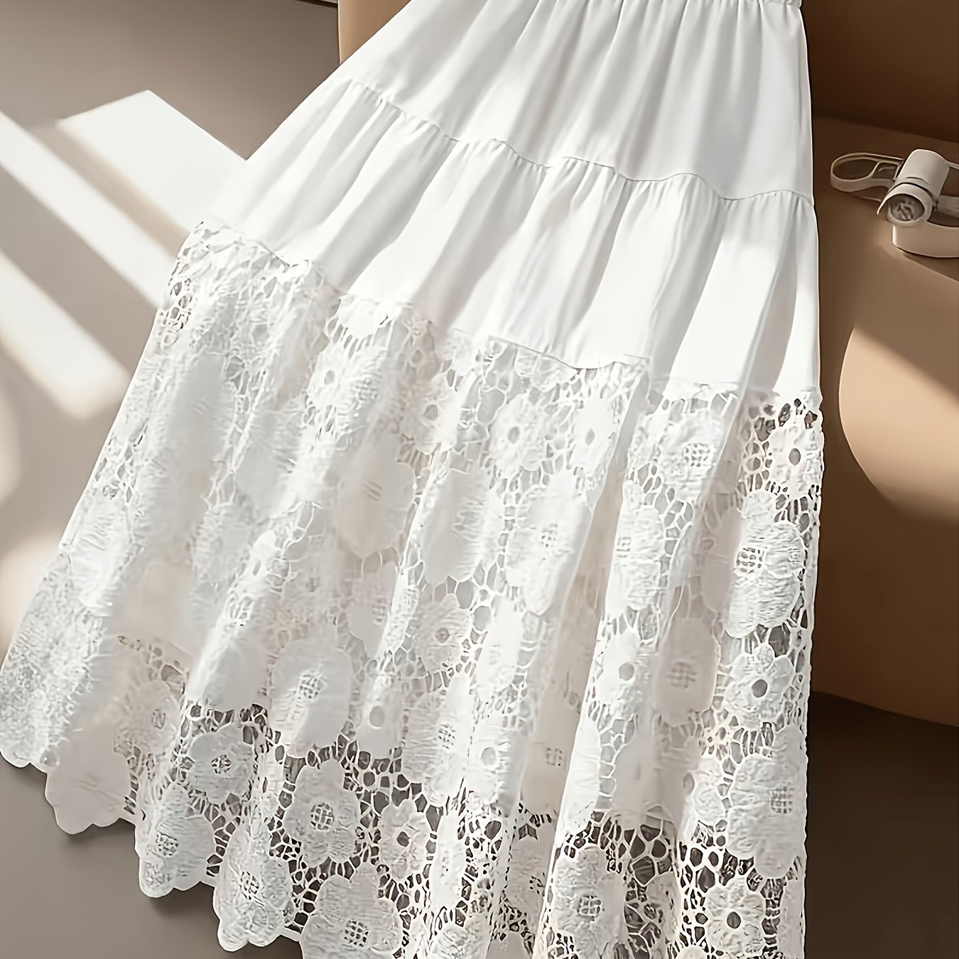 TEMU Women's Elegant Temperament Gentle Style High-waist Lace Inlaid A-line Midi Skirt