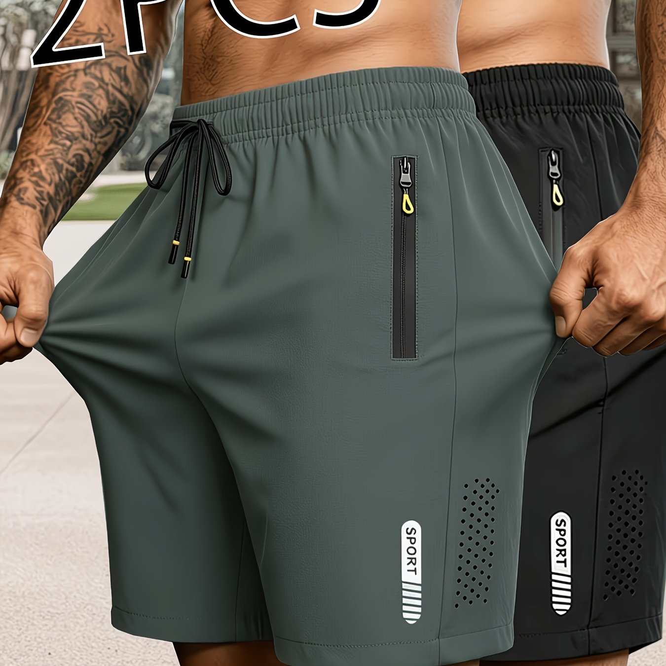 TEMU 2pcs Men'-thin Drawstring Sports & Casual Shorts, For Fitness, Solid Color, Breathable, Quick-drying Style With Zipper Pockets And Waist
