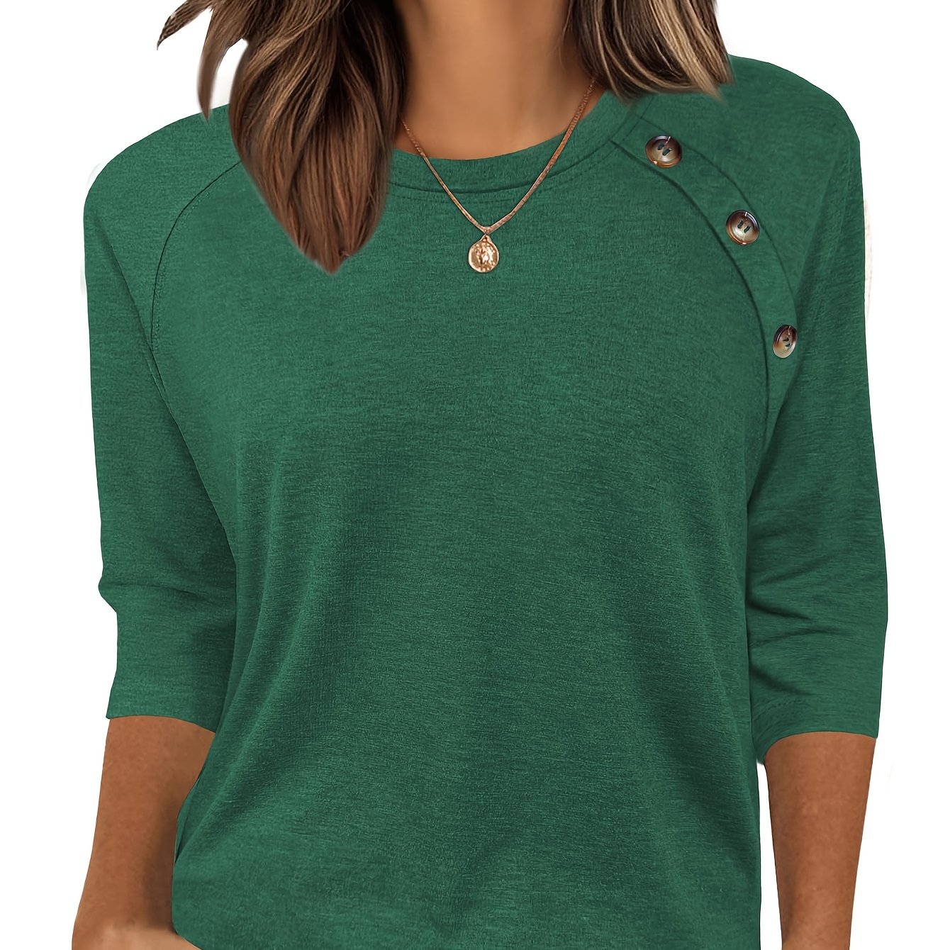 TEMU Haut à manches 3/4 décontracté pour femmes, chemise de style confortable, haut boutonné à manches trois-, T-shirt tendance à col rond