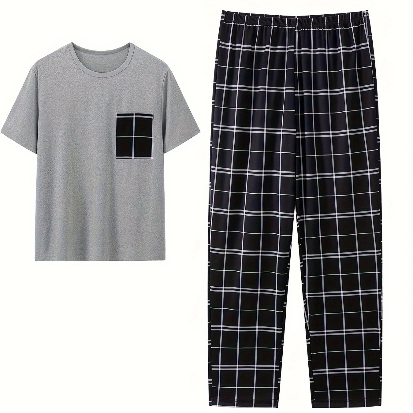 TEMU [customer Favorite] Men's Comfortable Pajama Set - Short Sleeve & Long Pants, Stretchy Polyester Blend, Machine Washable, Round Neck, Design