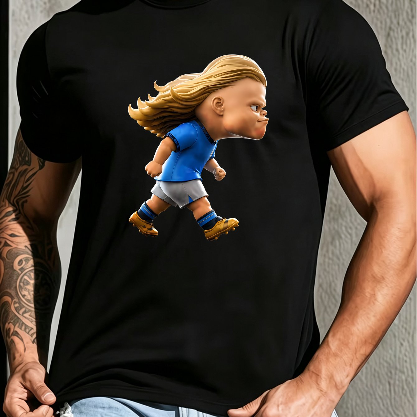 TEMU Men's Football T-shirt With Blonde-haired Player Design - Short Sleeve, Round Neck Casual Tee, Ideal For Fans, Birthday Gifts, Training, And