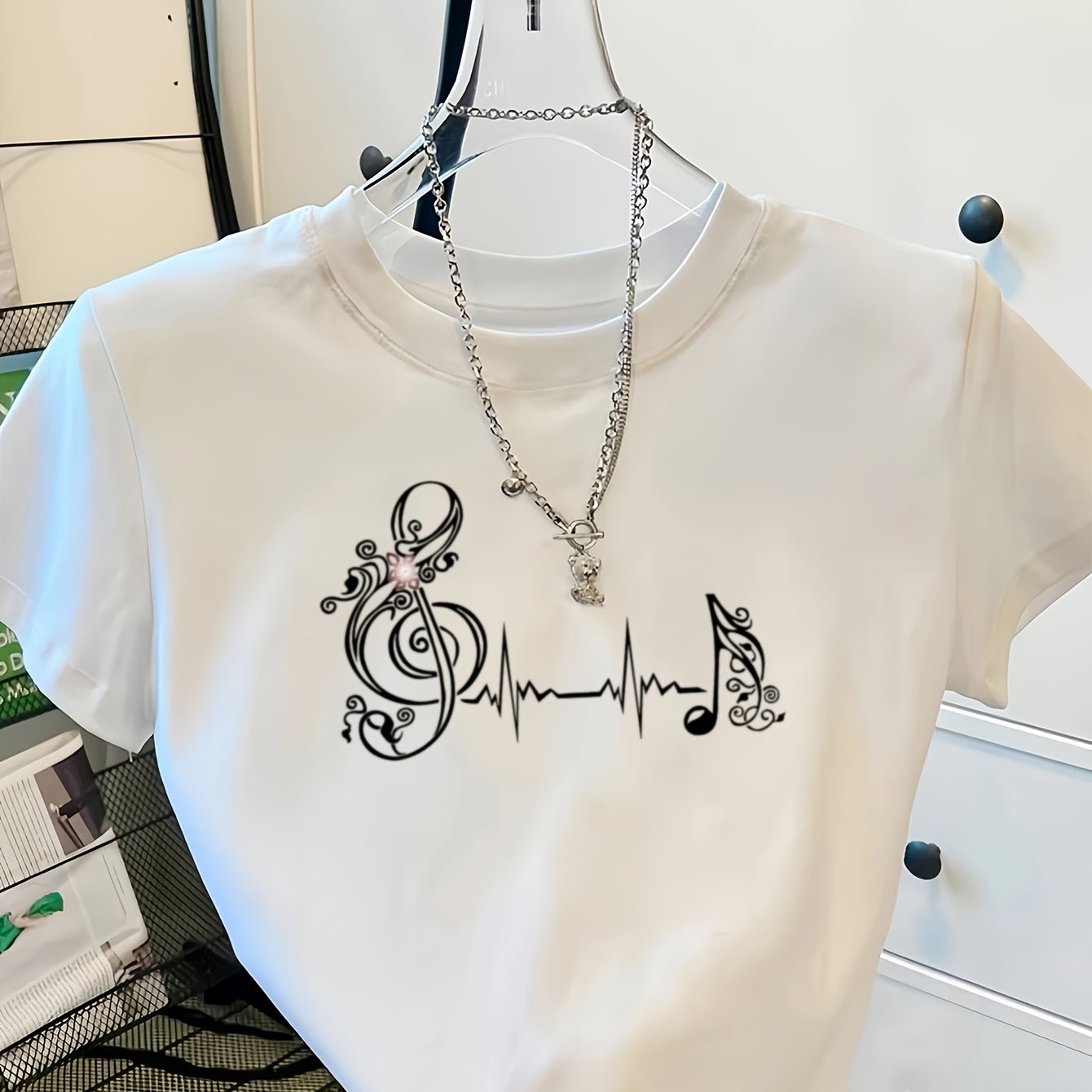 TEMU Music Style Note Print Women's Short T-shirt, Short Sleeve And Top, Creative , Daily Outing Commuting Suitable, Full Of Atmosphere, High Treble