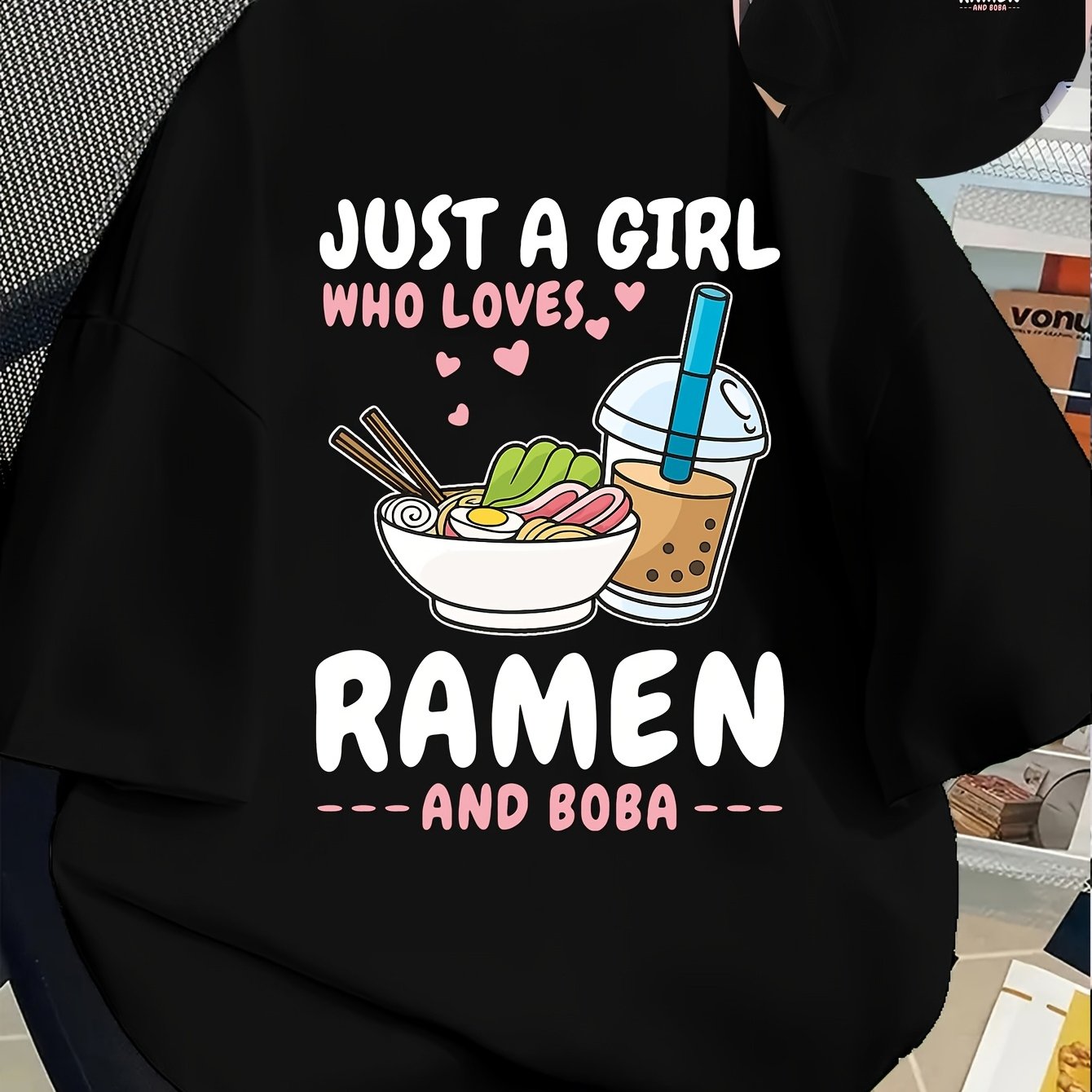 TEMU Short-sleeved T-shirt With Front And Back Prints - Perfect For Ramen Lovers And Bubble Tea Enthusiasts - A Trendy For Women And Summer!