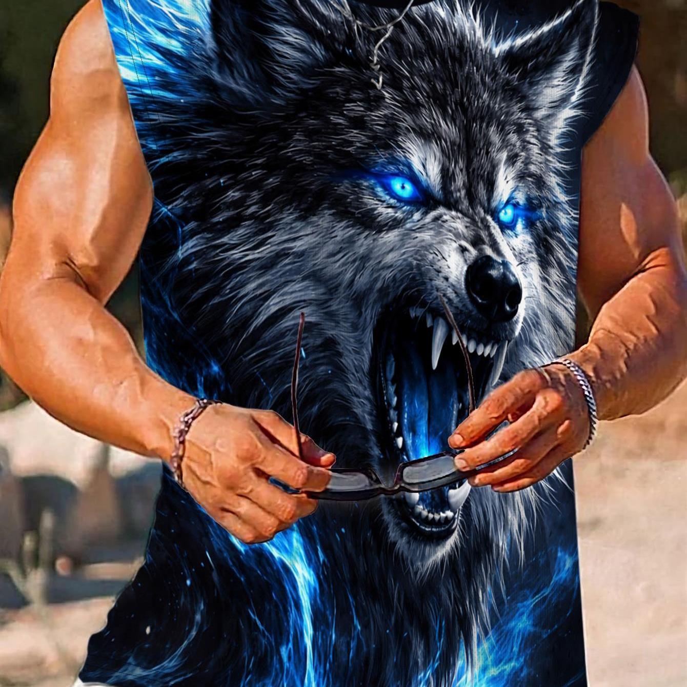 TEMU Haut décontracté pour homme avec motif imprimé - Design non texturé, noir avec motif bleu, idéal pour de sport, , les loisirs estivaux et