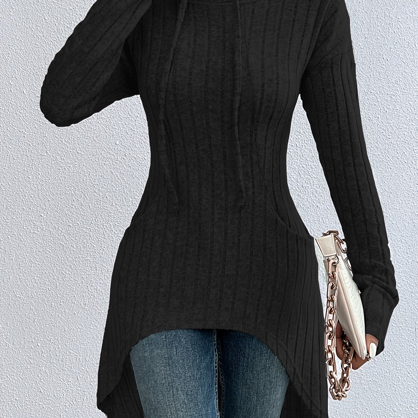 Image of Autumn And Winter Women's Long-sleeved Hooded Ribbed Hoodie